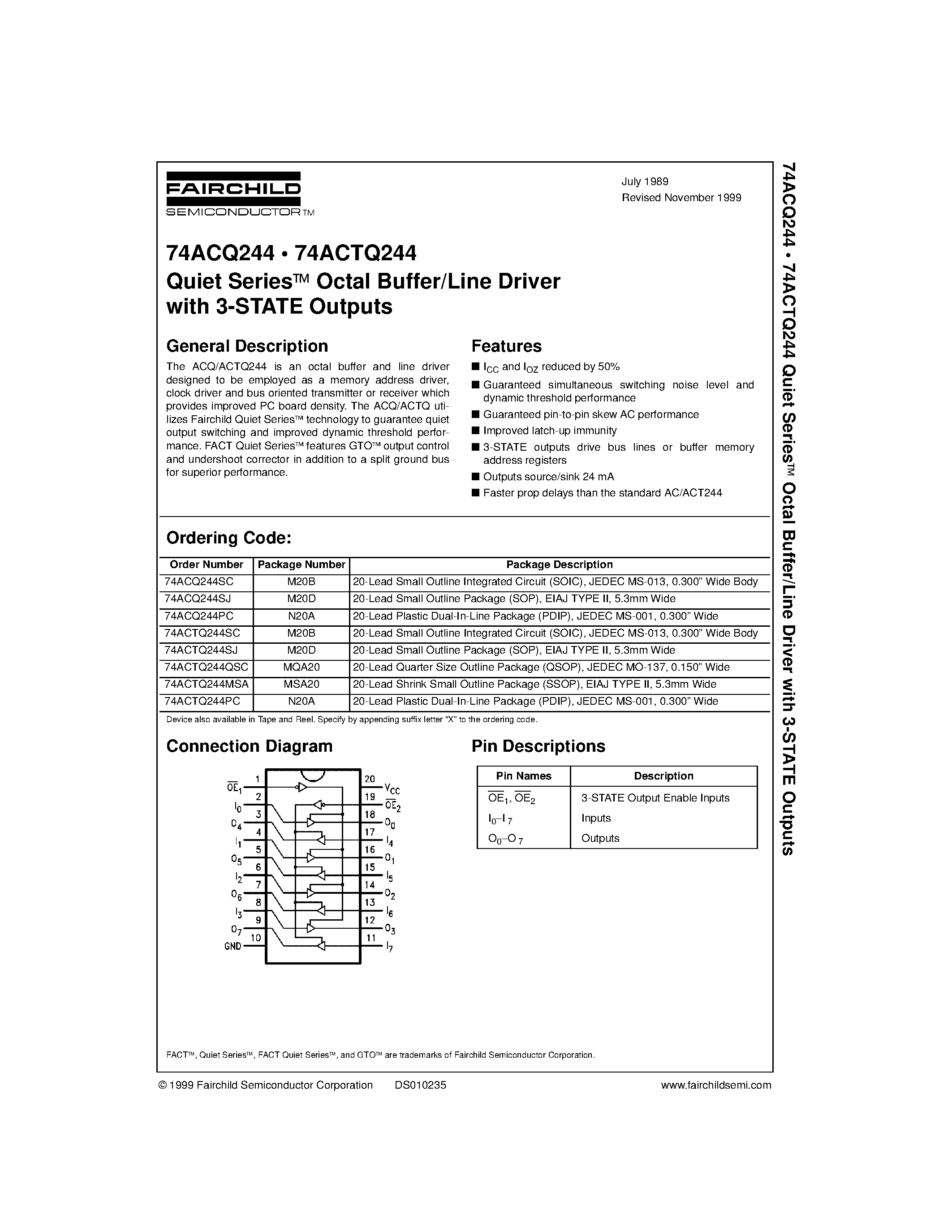 Даташит 74ACTQ244 - Quiet Series. Octal Buffer/Line Driver with 3-STATE Outputs страница 1