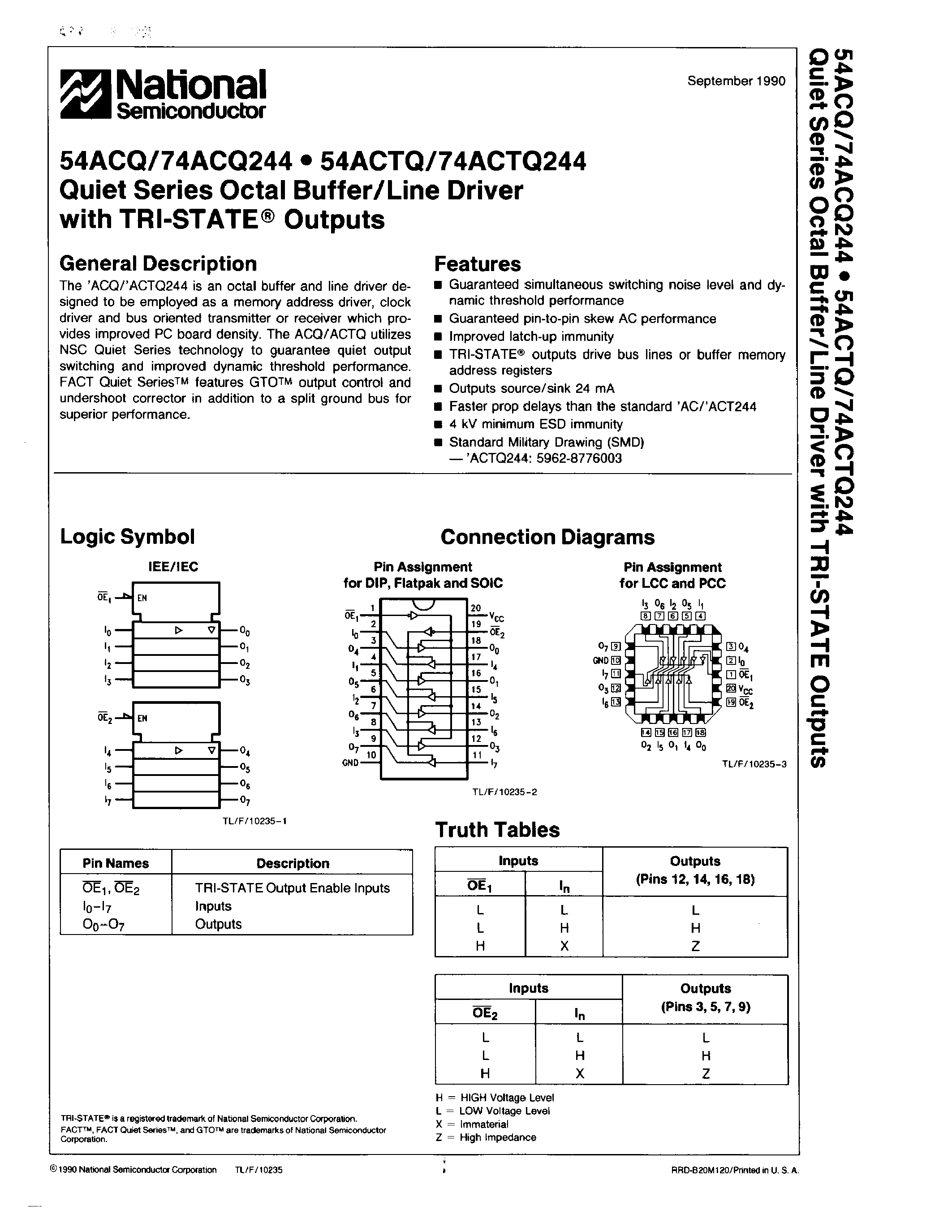 Datasheet 74ACTQ244D - Quiet Seres Octal Buffer/Line Driver with TRI-STATE Outputs page 1