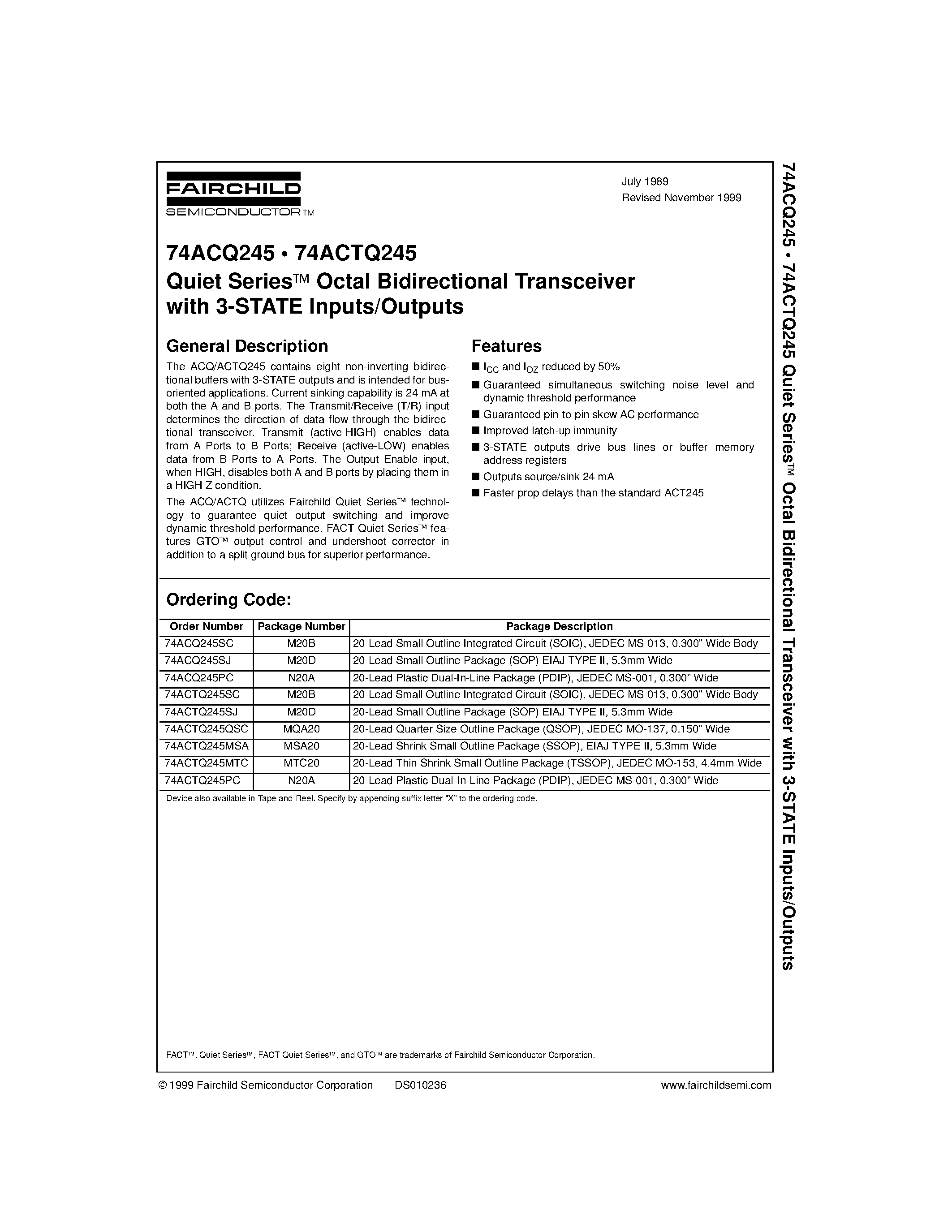 Datasheet 74ACTQ245 - Quiet Series Octal Bidirectional Transceiver with 3-STATE Inputs/Outputs page 1