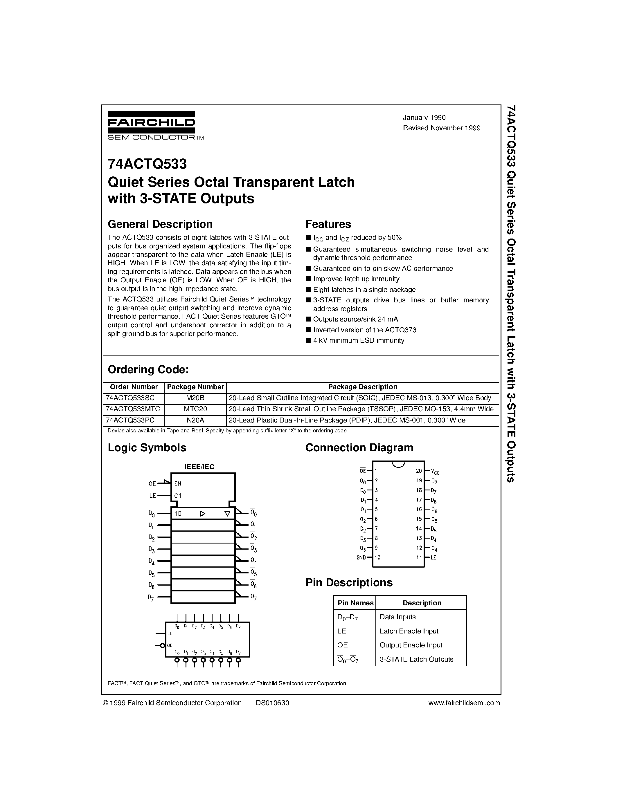 Datasheet 74ACTQ533SC - Quiet Series Octal Transparent Latch with 3-STATE Outputs page 1