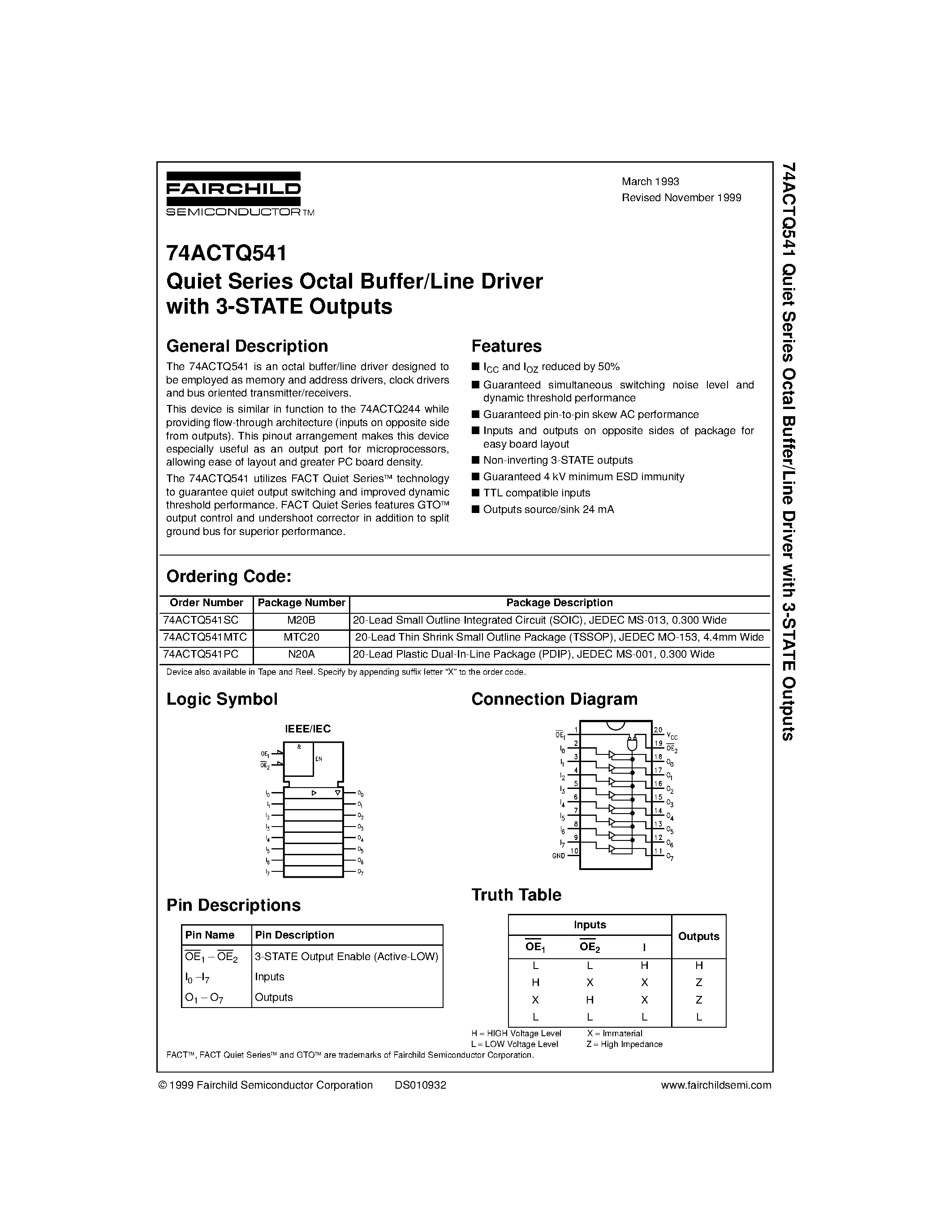 Datasheet 74ACTQ541MTC - Quiet Series Octal Buffer/Line Driver with 3-STATE Outputs page 1