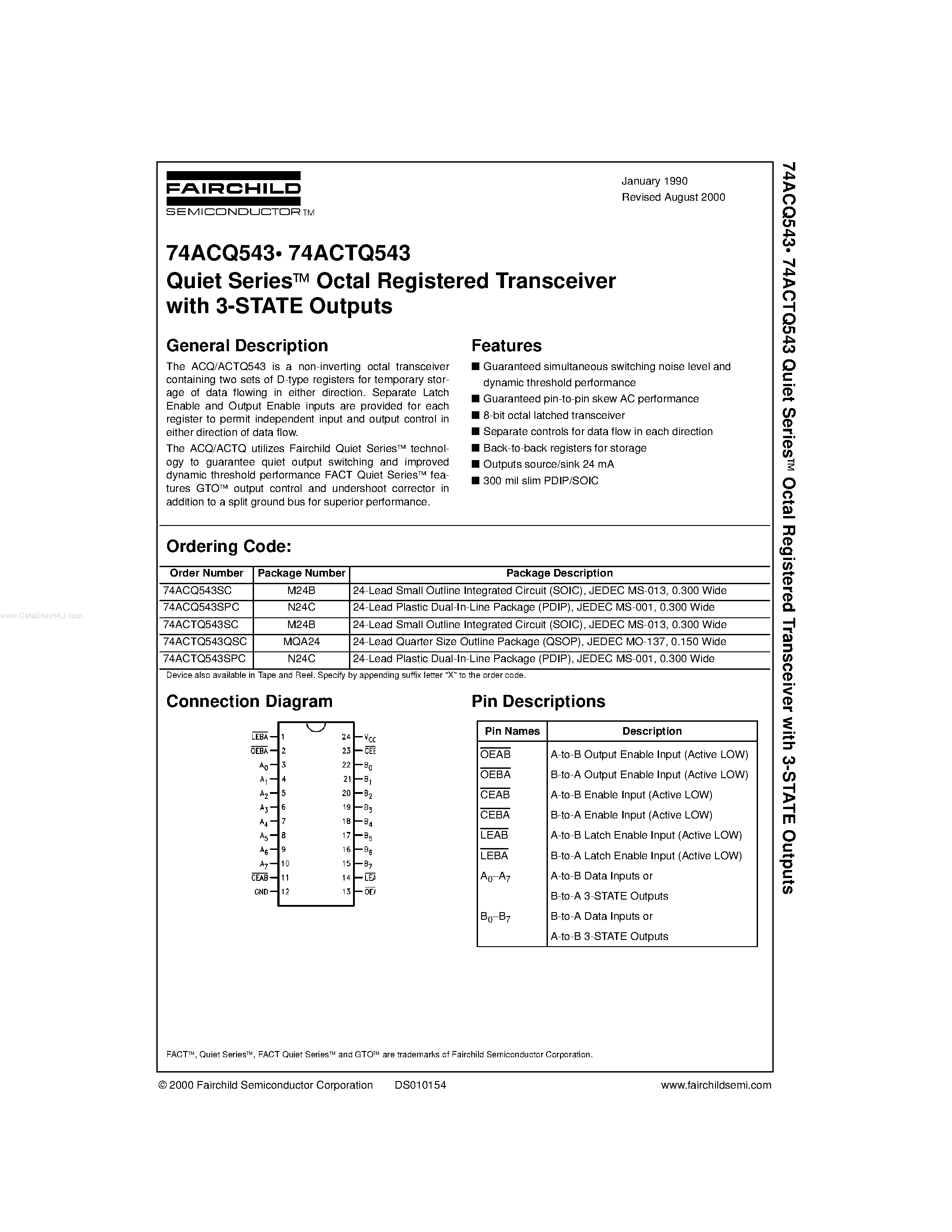 Datasheet 74ACTQ543SC - Quiet Series Octal Registered Transceiver with 3-STATE Outputs page 1
