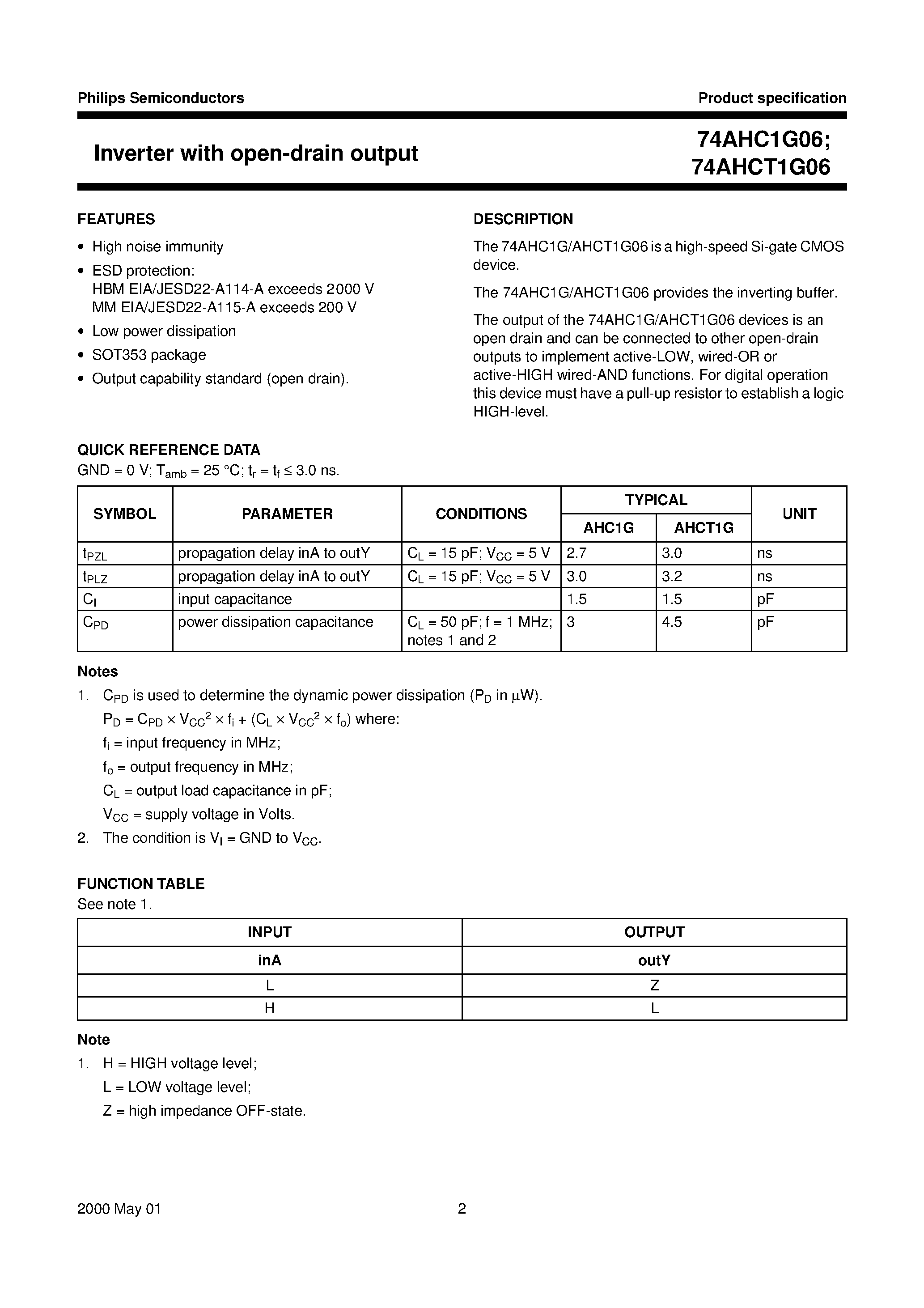 Datasheet 74AHC1G06GW - Inverter with open-drain output page 2