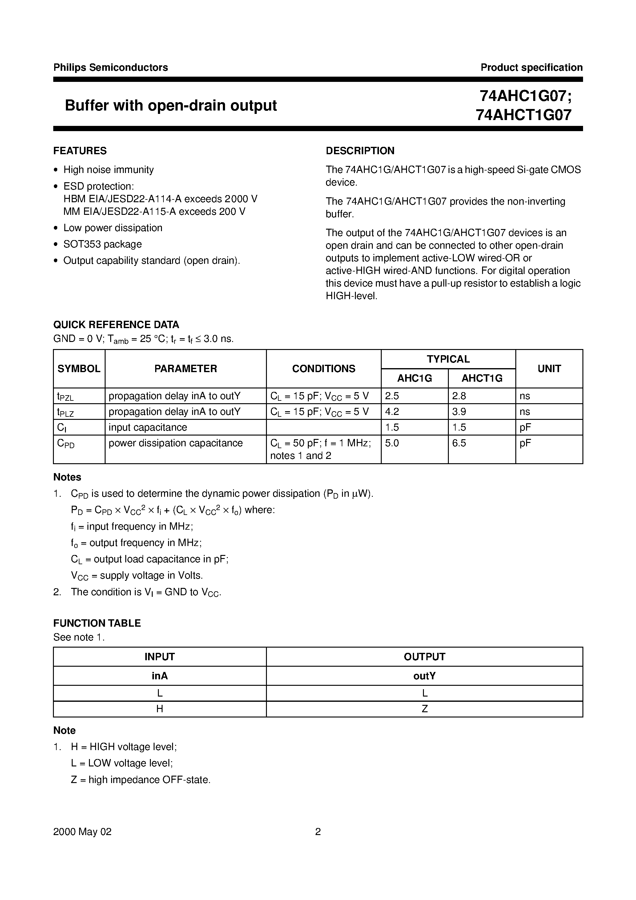 Datasheet 74AHC1G07GW - Buffer with open-drain output page 2