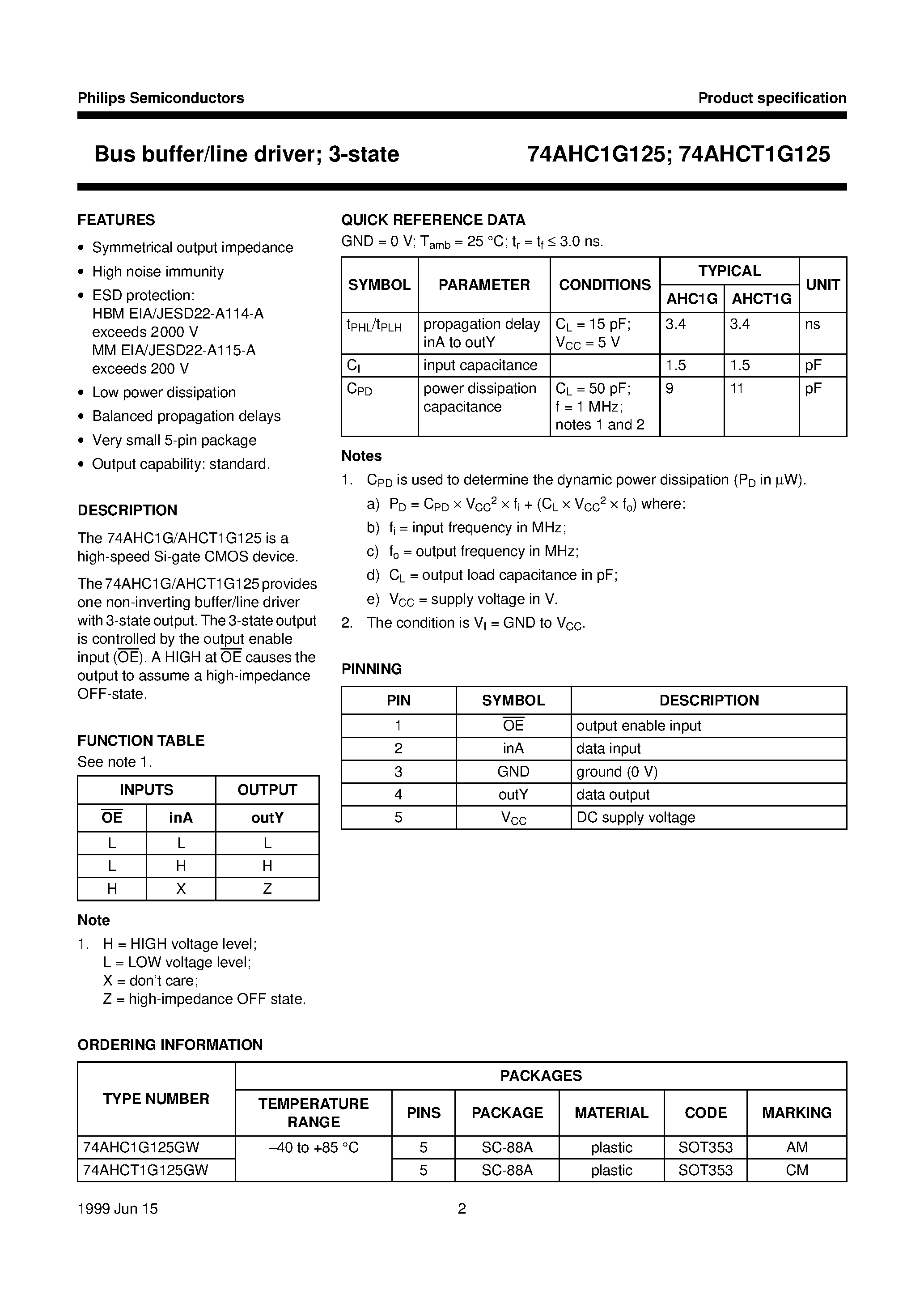 Даташит 74AHC1G125GW - Bus buffer/line driver; 3-state страница 2