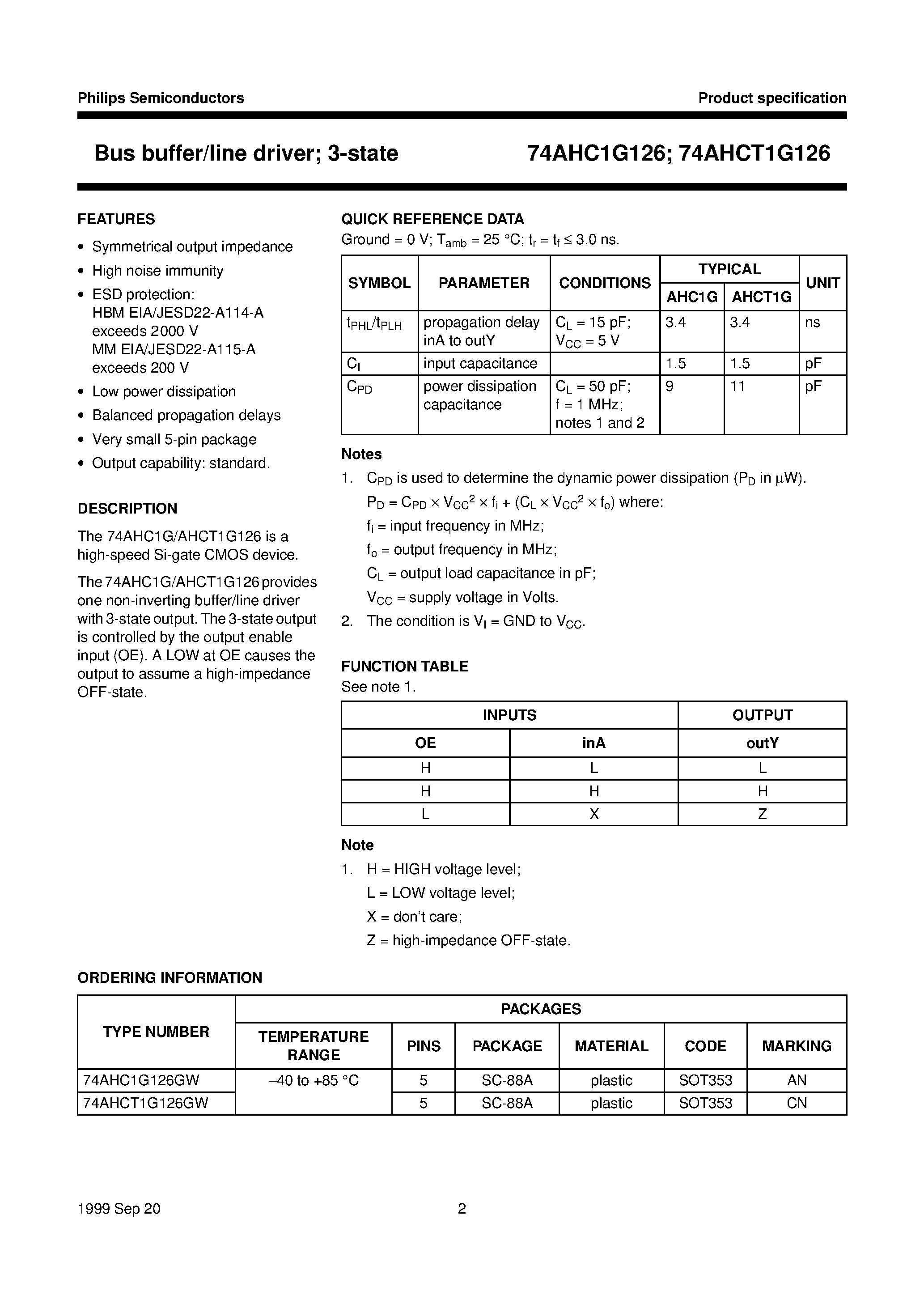 Даташит 74AHC1G126GW - Bus buffer/line driver; 3-state страница 2