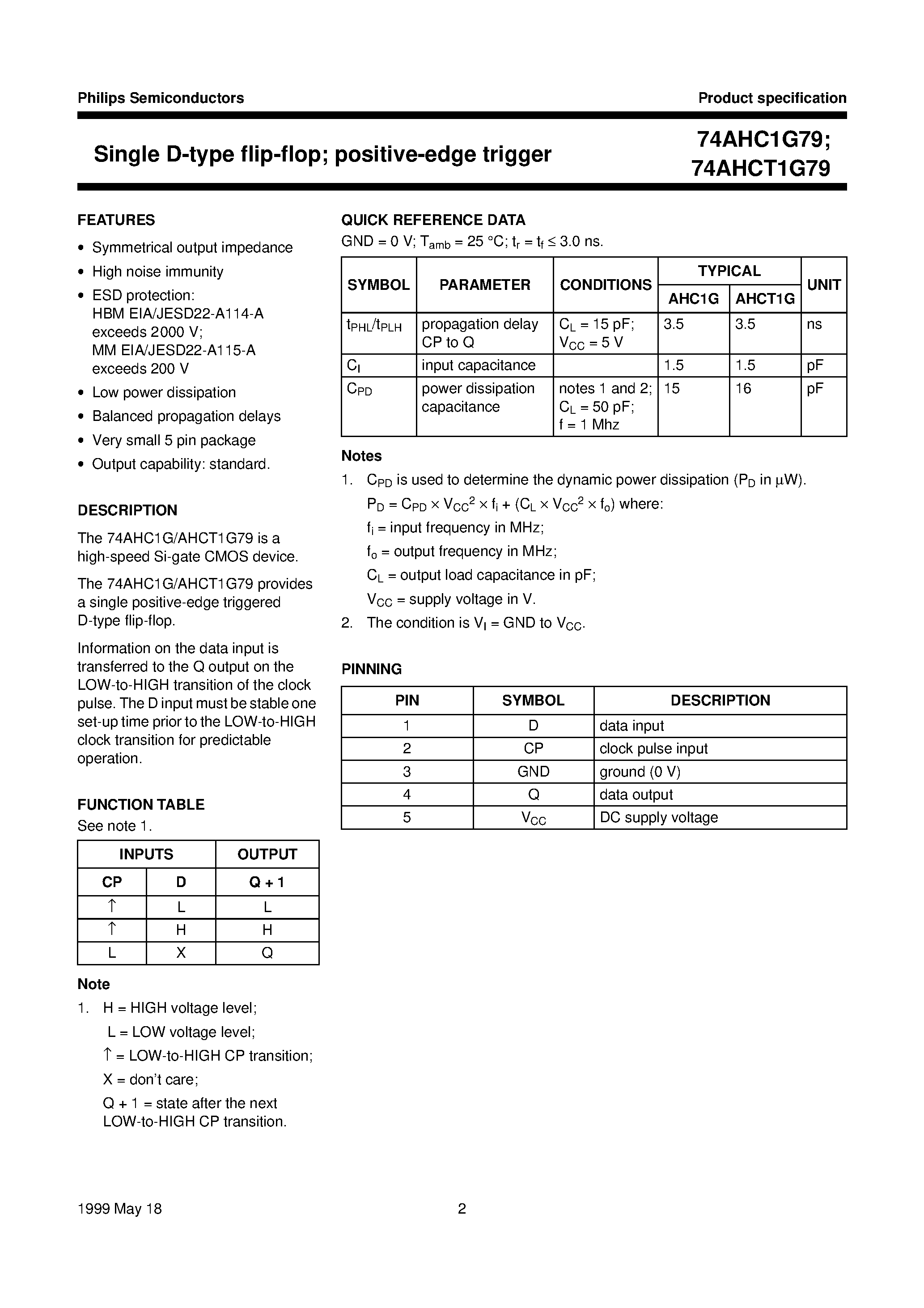 Datasheet 74AHC1G79 - Single D-type flip-flop; positive-edge trigger page 2