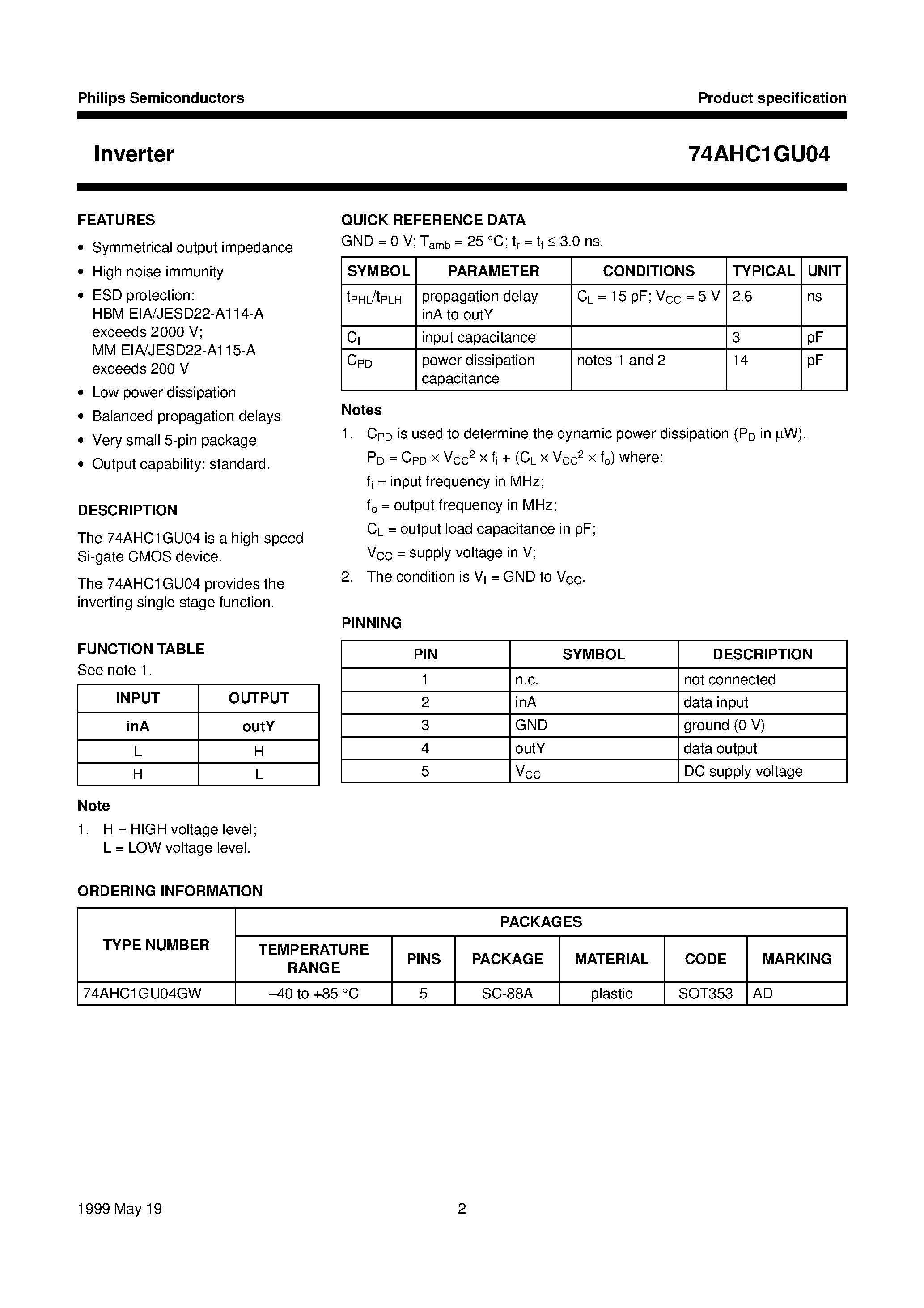 Даташит 74AHC1GU04GW - Inverter страница 2