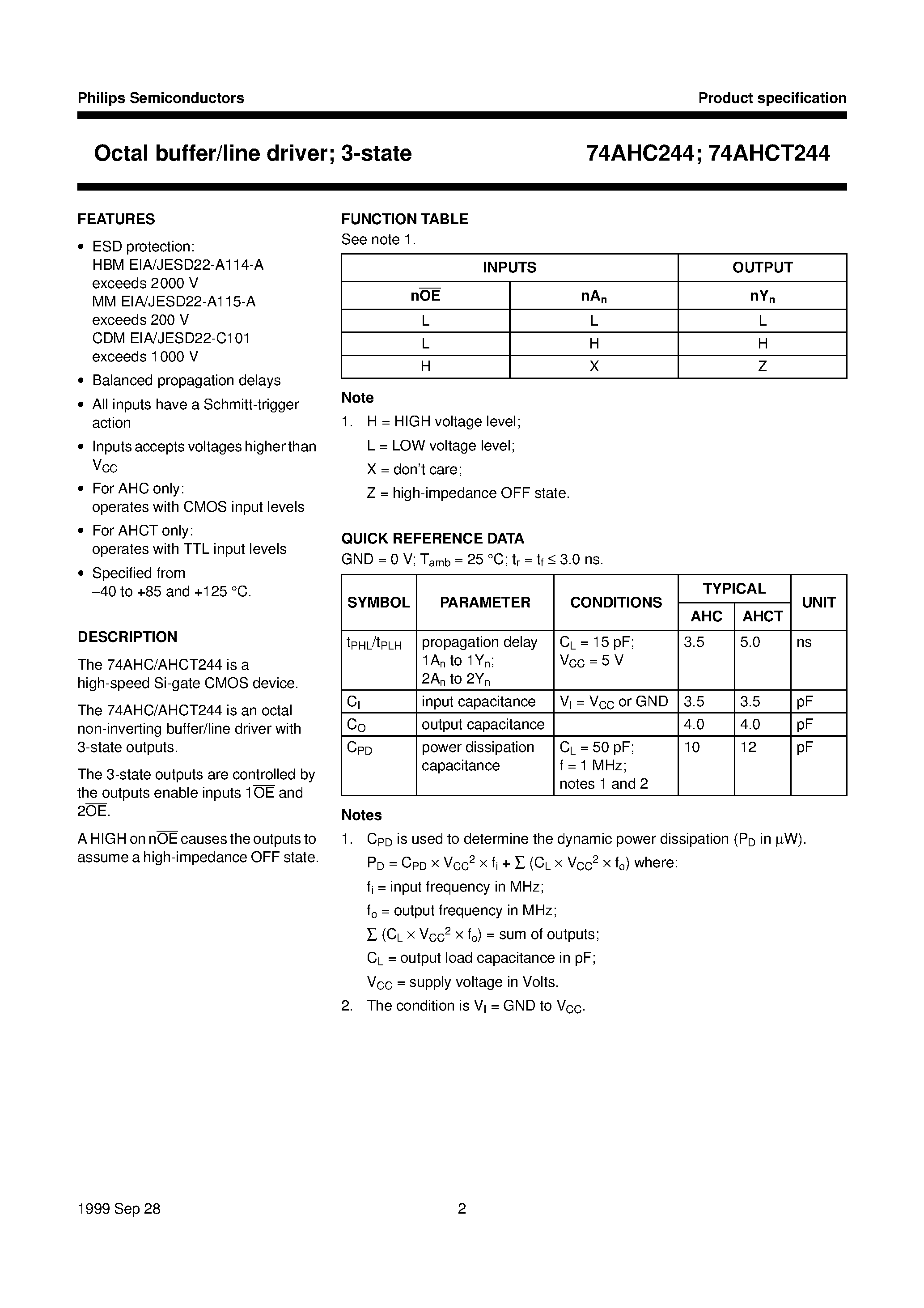 Datasheet 74AHC244 - Octal buffer/line driver; 3-state page 2