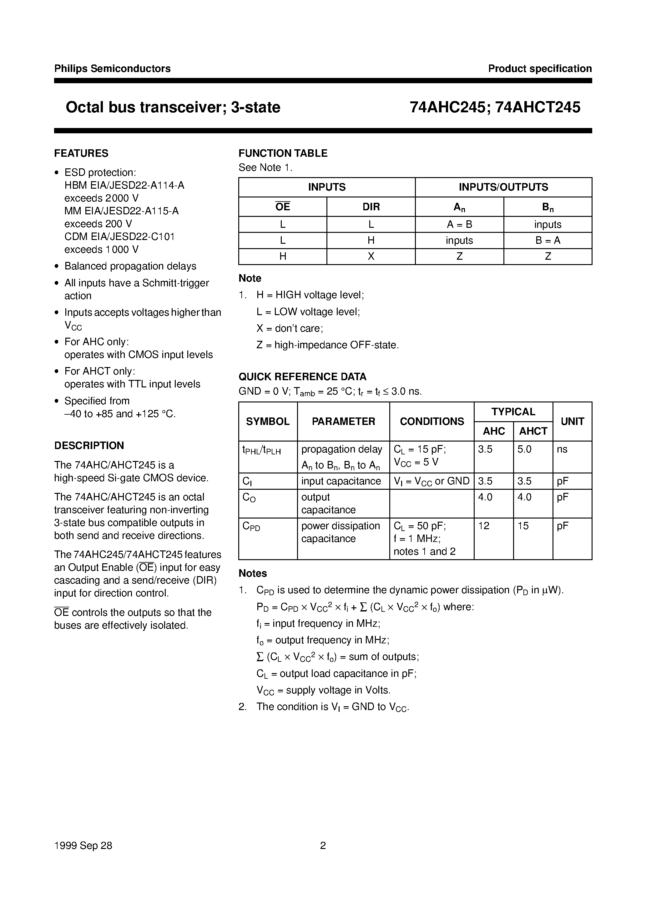 Datasheet 74AHC245 - Octal bus transceiver; 3-state page 2