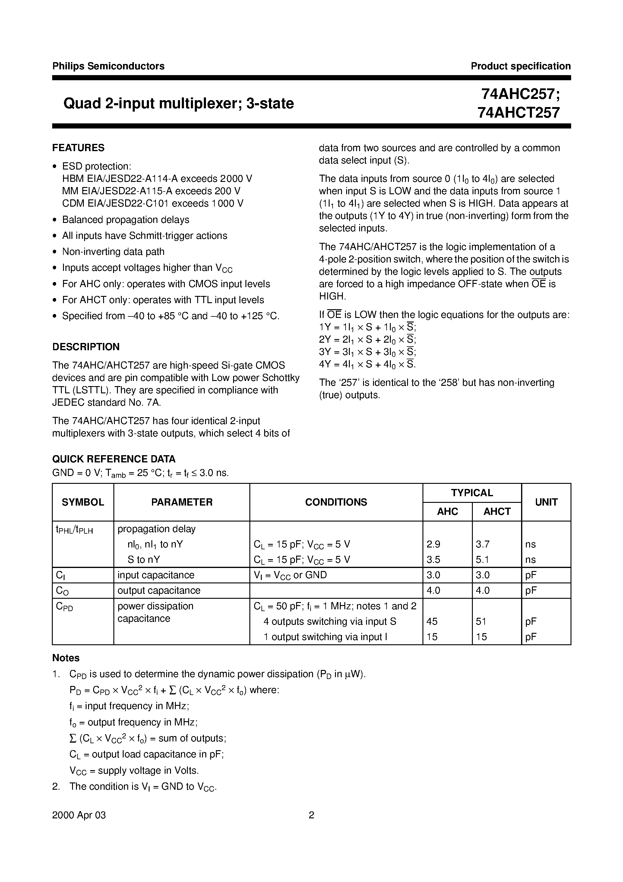 Datasheet 74AHC257 - Quad 2-input multiplexer; 3-state page 2