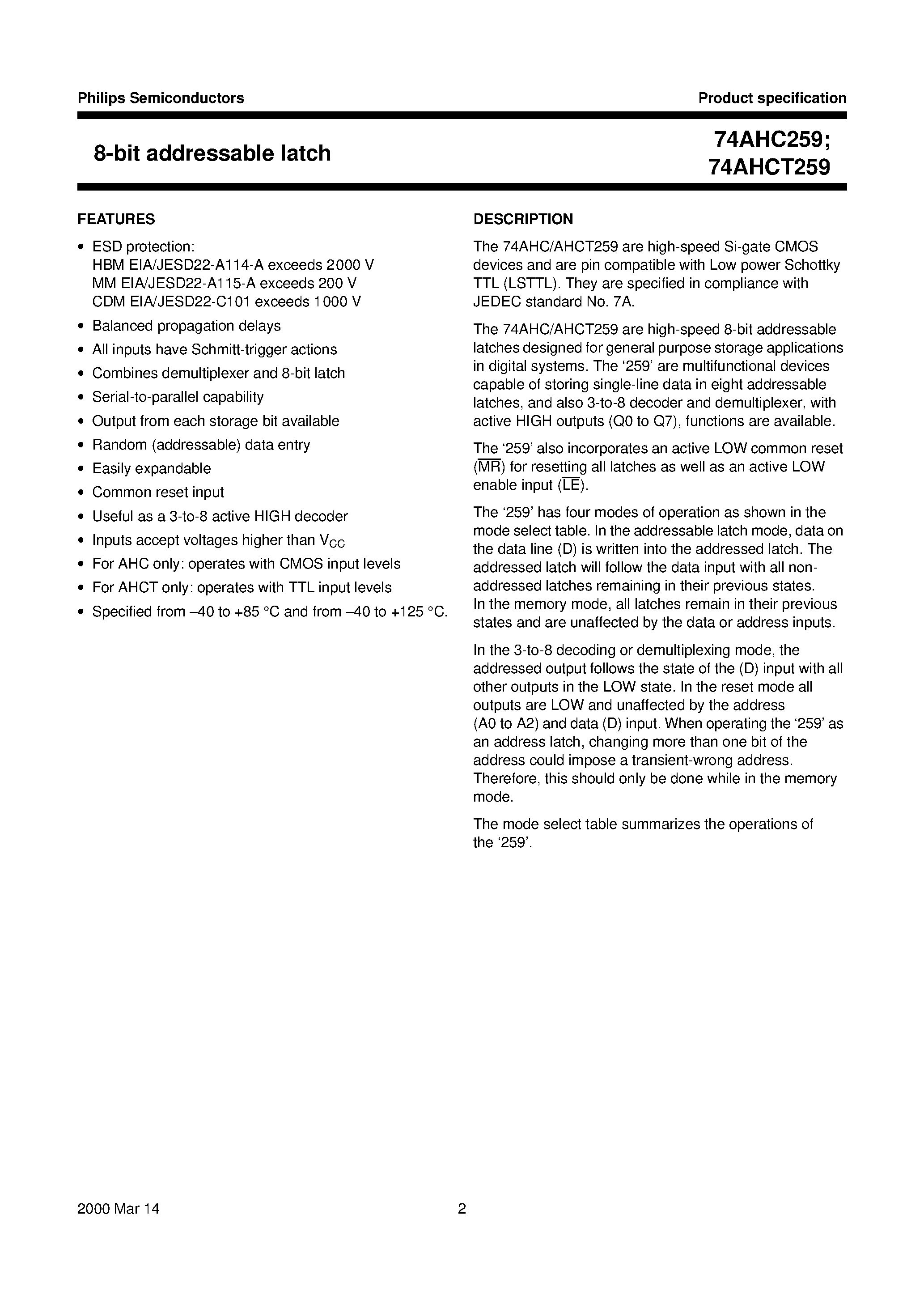 Datasheet 74AHC259 - 8-bit addressable latch page 2