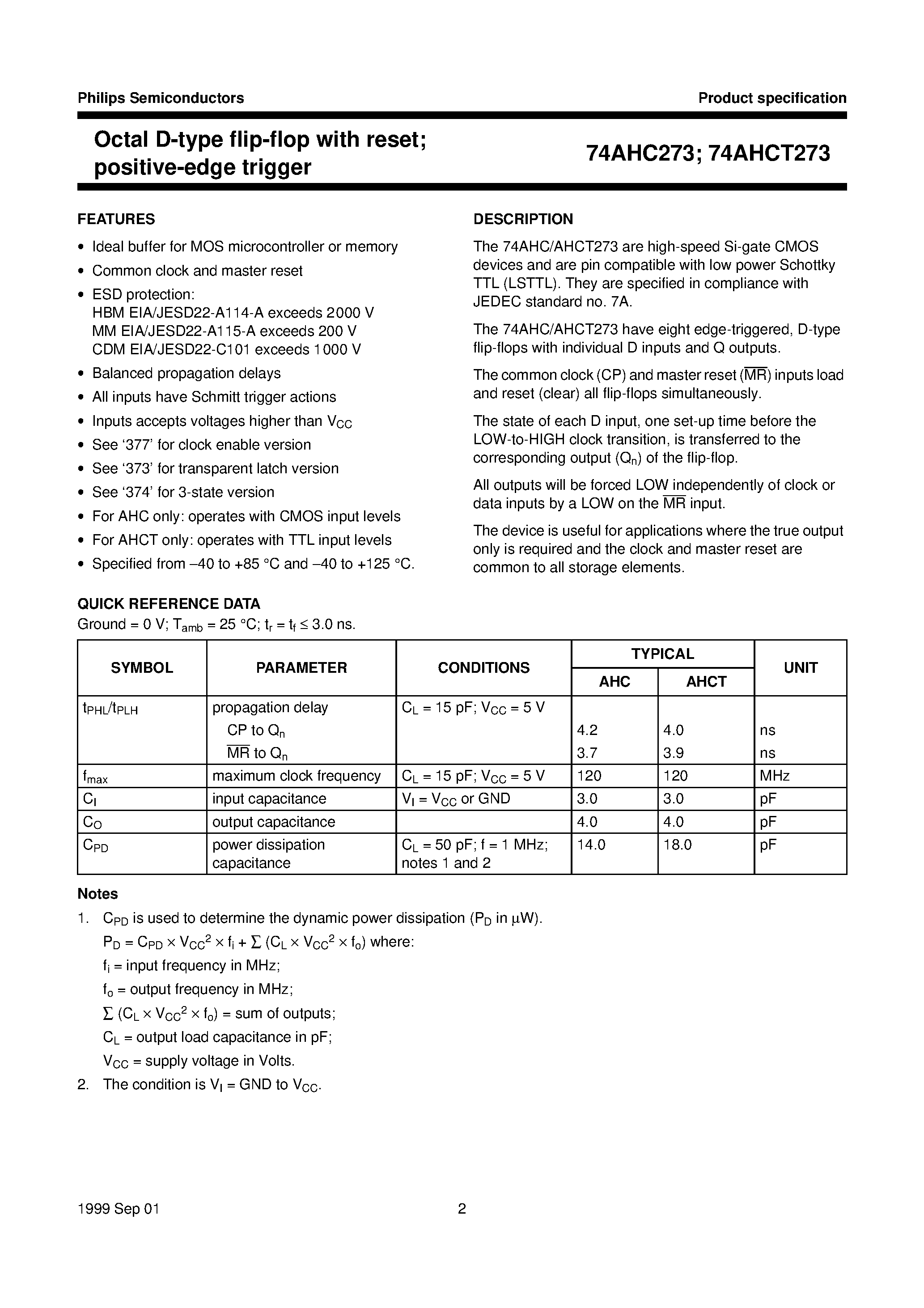 Datasheet 74AHC273 - Octal D-type flip-flop with reset; positive-edge trigger page 2