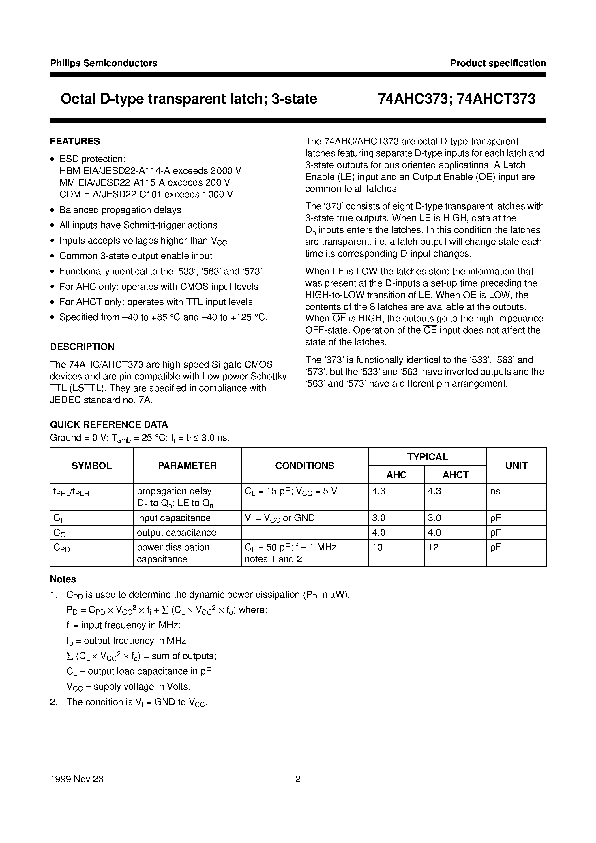 Datasheet 74AHC373 - Octal D-type transparent latch; 3-state page 2