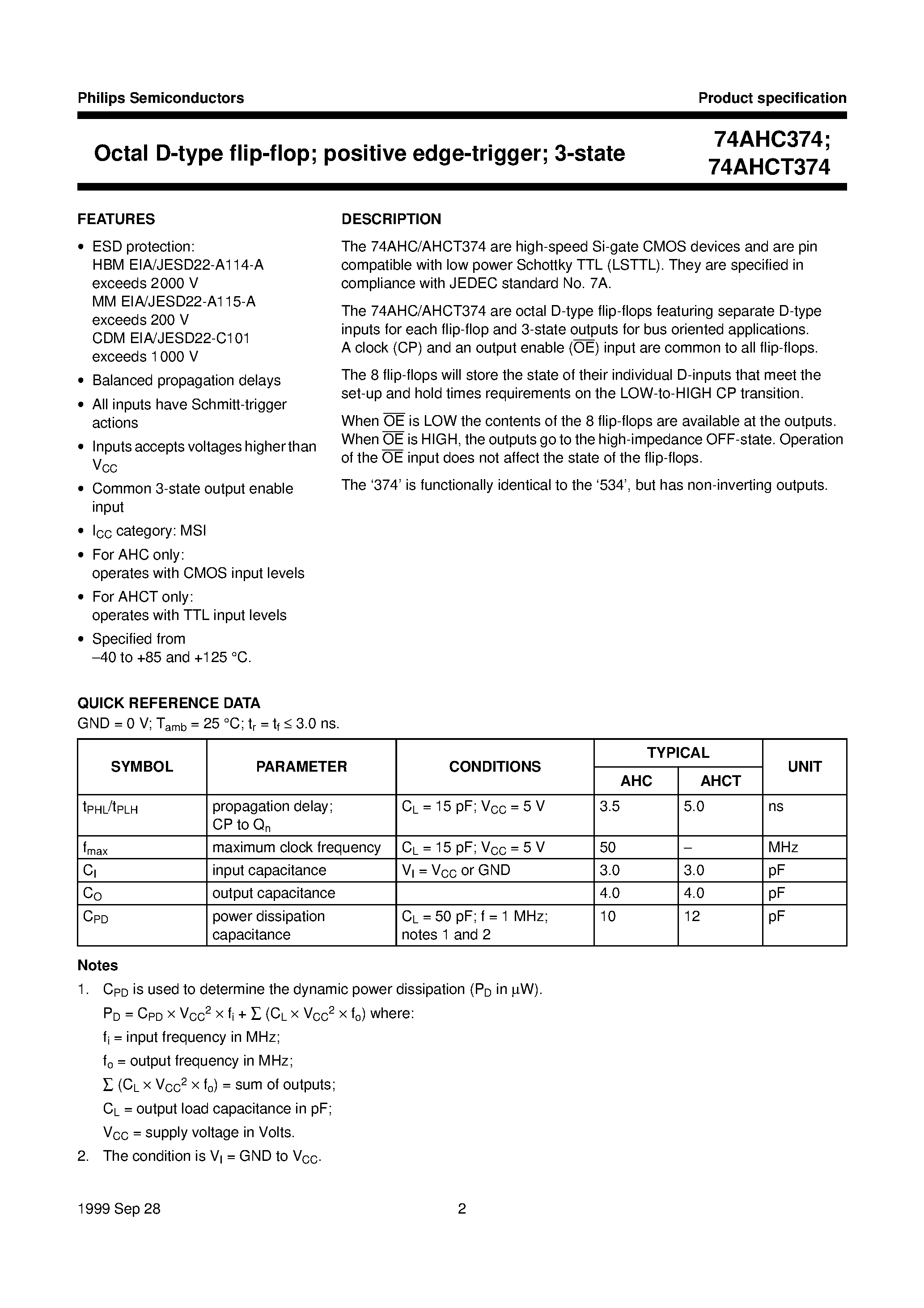 Datasheet 74AHC374 - Octal D-type flip-flop; positive edge-trigger; 3-state page 2