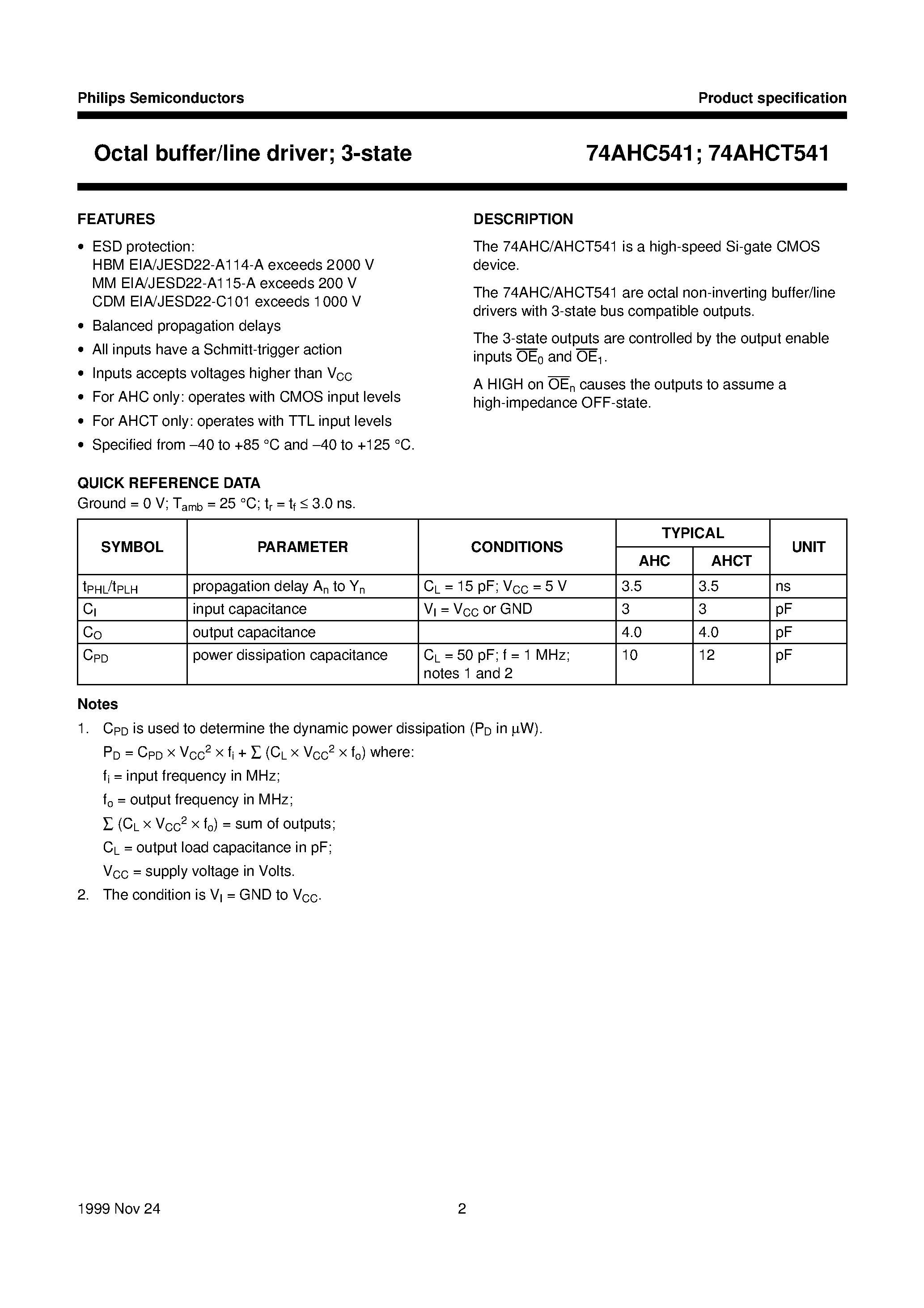 Datasheet 74AHC541 - Octal buffer/line driver; 3-state page 2