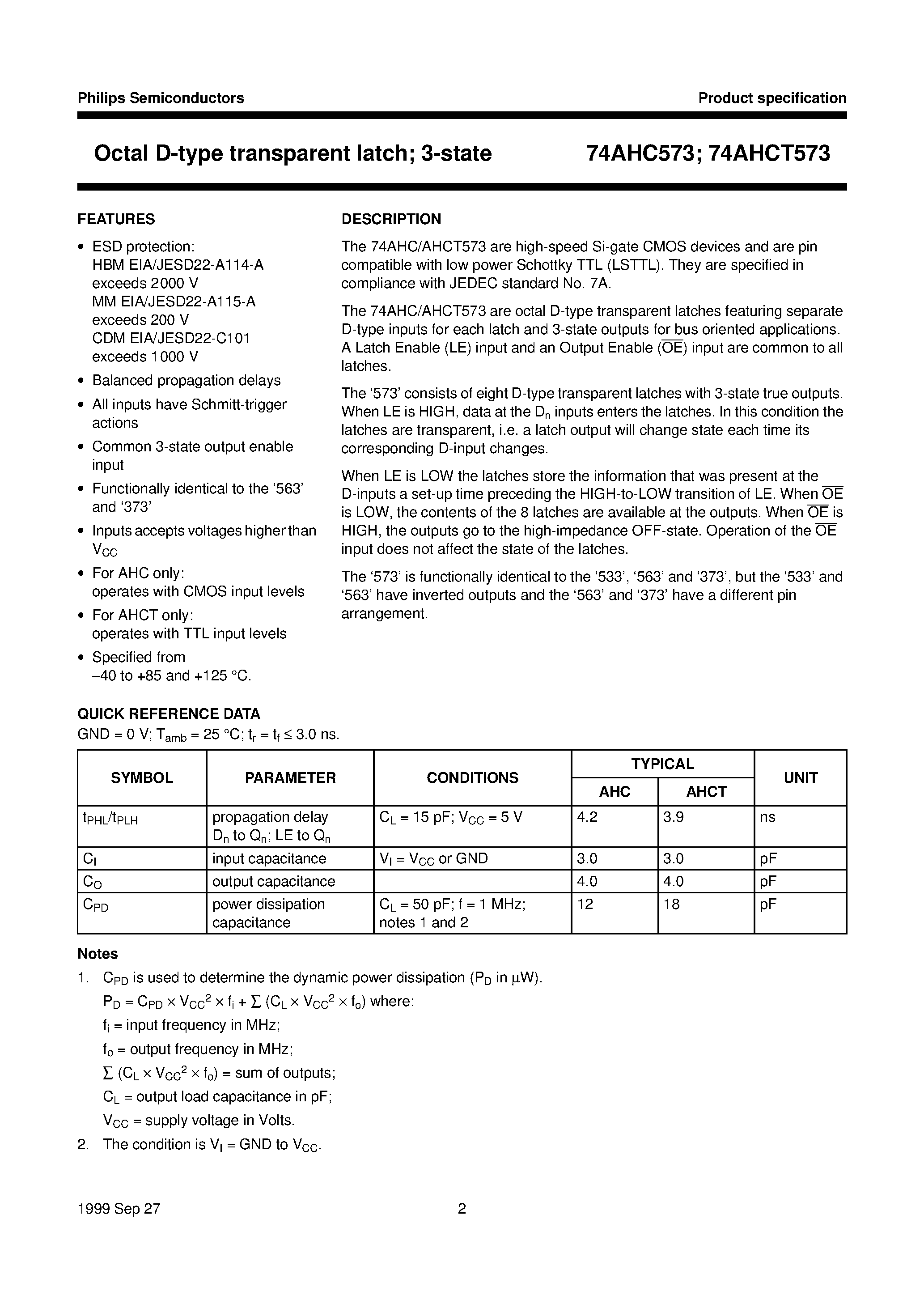 Datasheet 74AHC573 - Octal D-type transparent latch; 3-state page 2