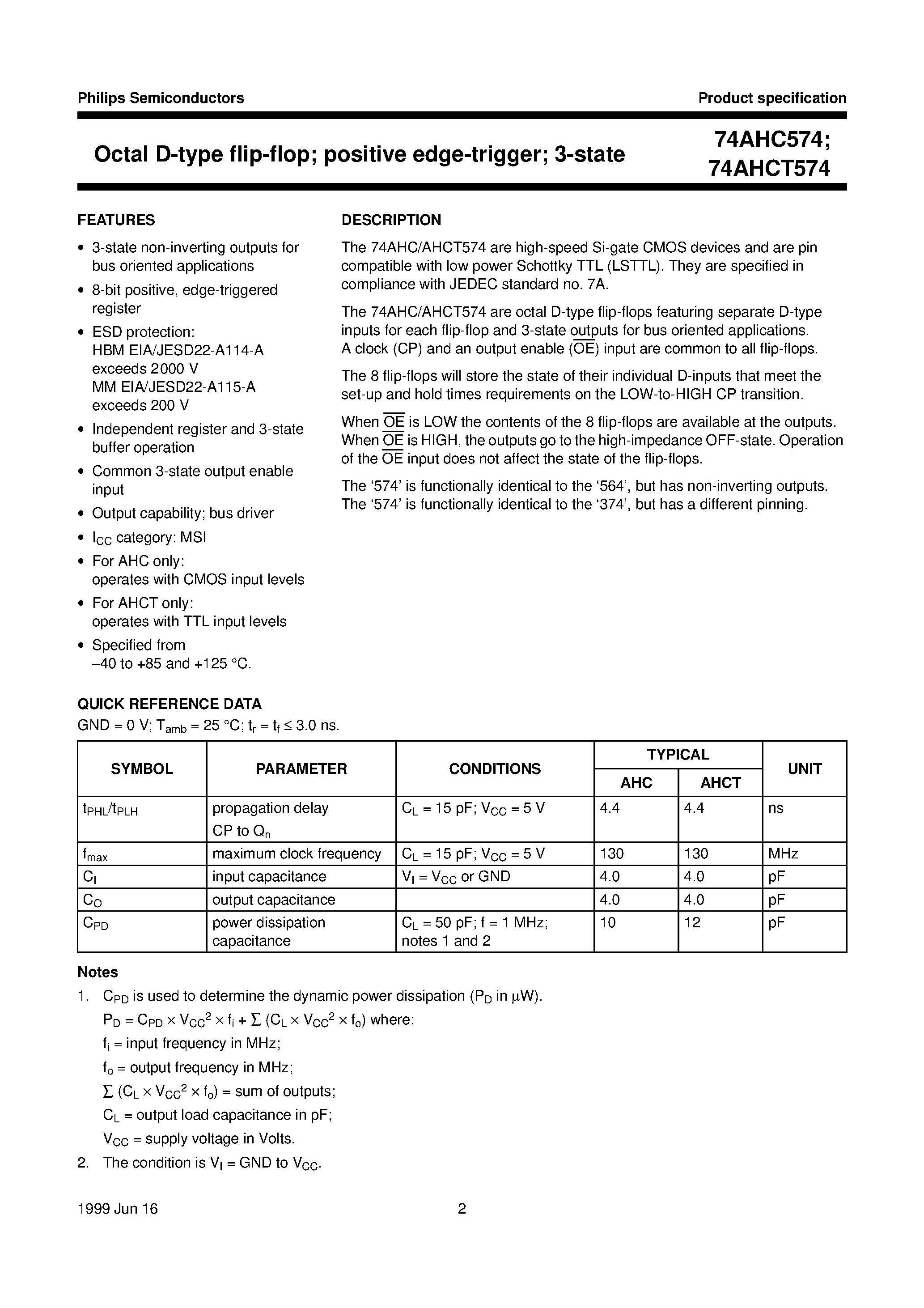 Datasheet 74AHC574 - Octal D-type flip-flop; positive edge-trigger; 3-state page 2