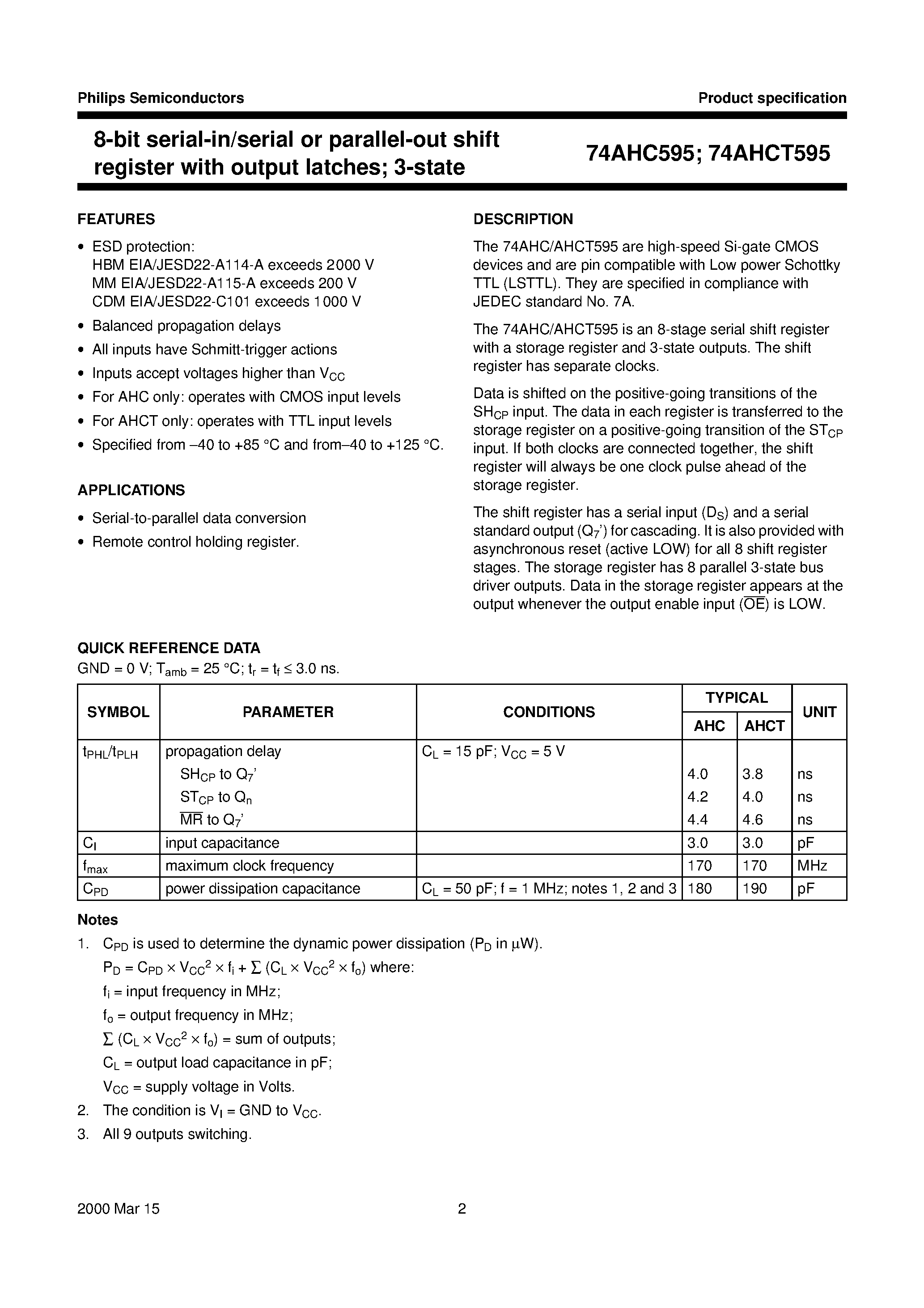 Datasheet 74AHC595 - 8-bit serial-in/serial or parallel-out shift register with output latches; 3-state page 2