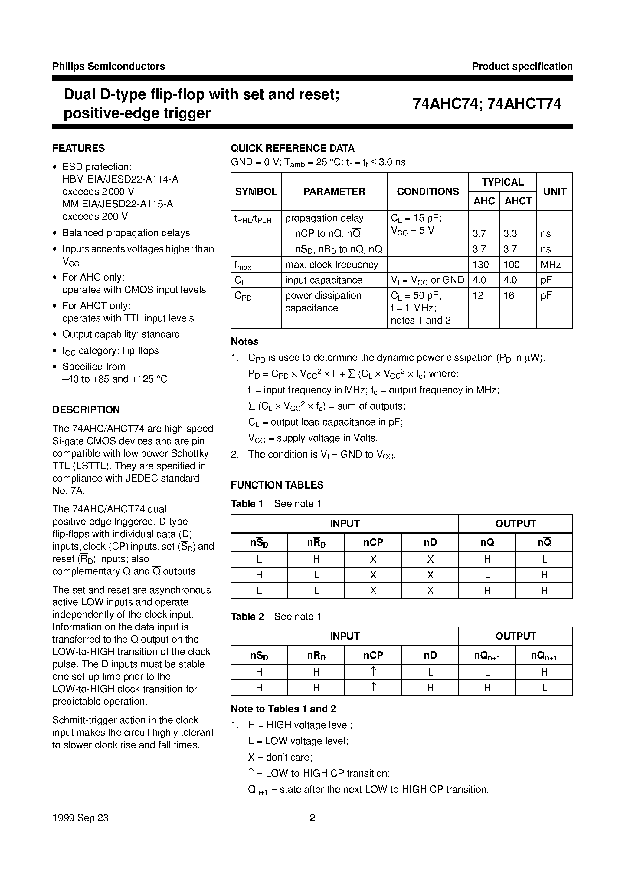 Datasheet 74AHC74 - Dual D-type flip-flop with set and reset; positive-edge trigger page 2