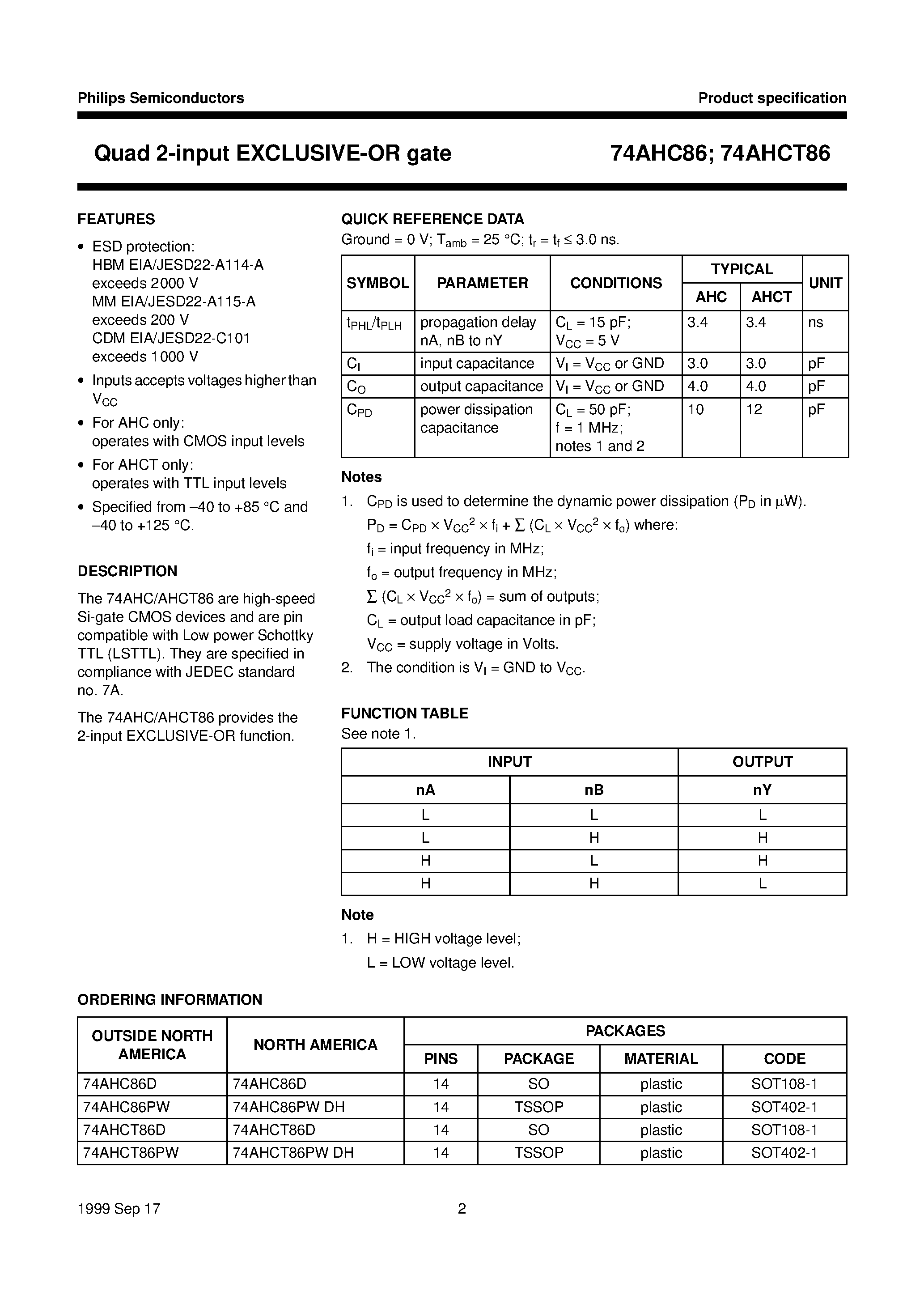 Datasheet 74AHC86 - Quad 2-input EXCLUSIVE-OR gate page 2