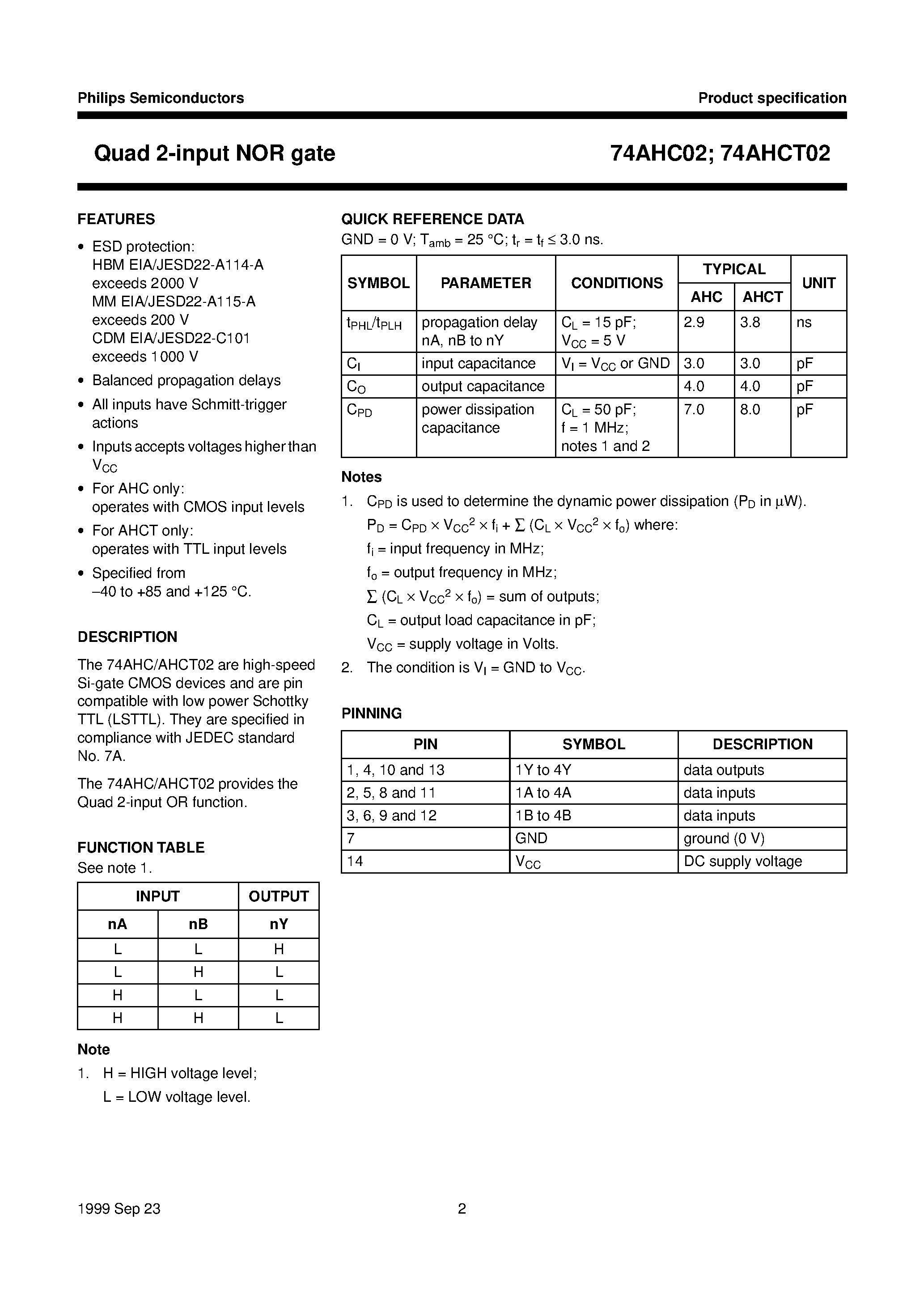 Datasheet 74AHCT02 - Quad 2-input NOR gate page 2