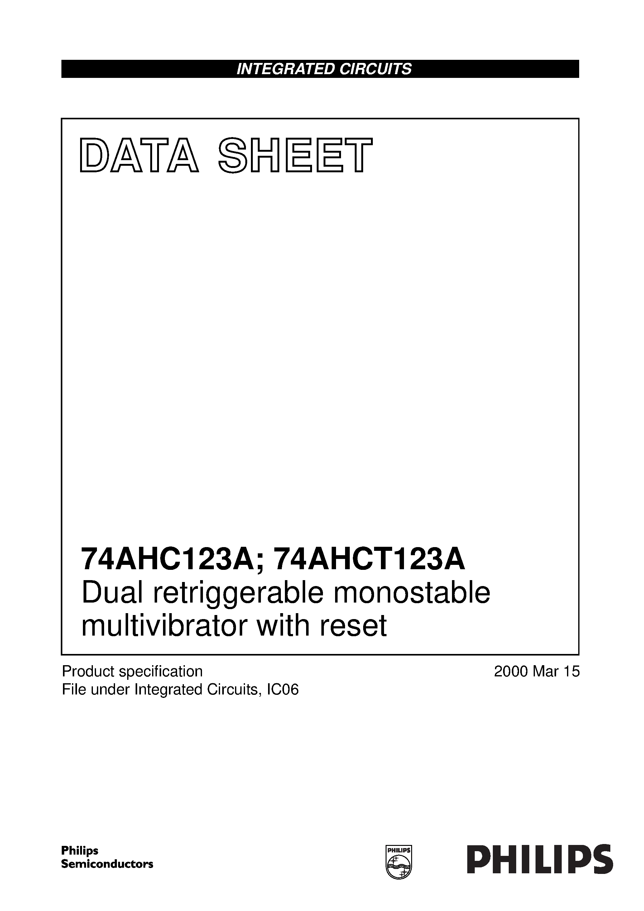 Datasheet 74AHCT123A - Dual retriggerable monostable multivibrator with reset page 1