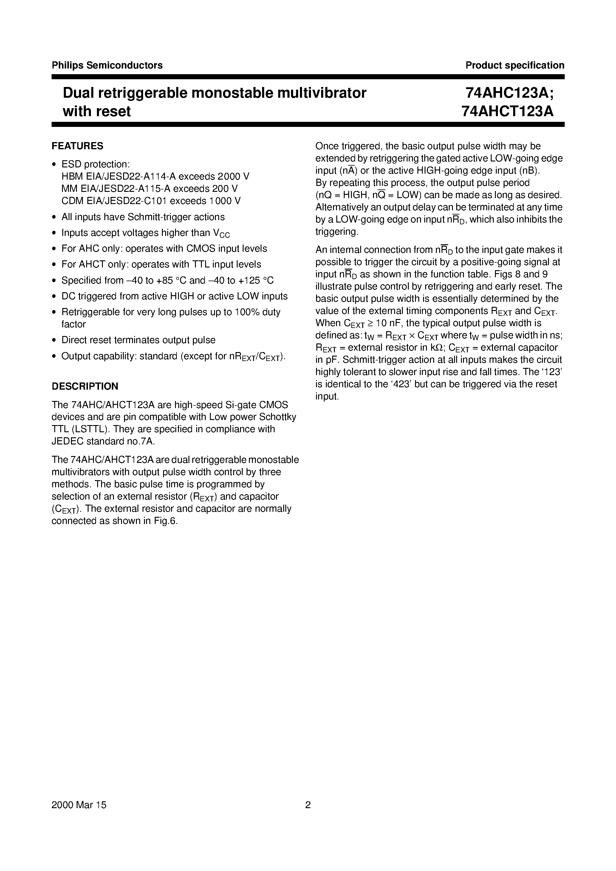 Datasheet 74AHCT123A - Dual retriggerable monostable multivibrator with reset page 2