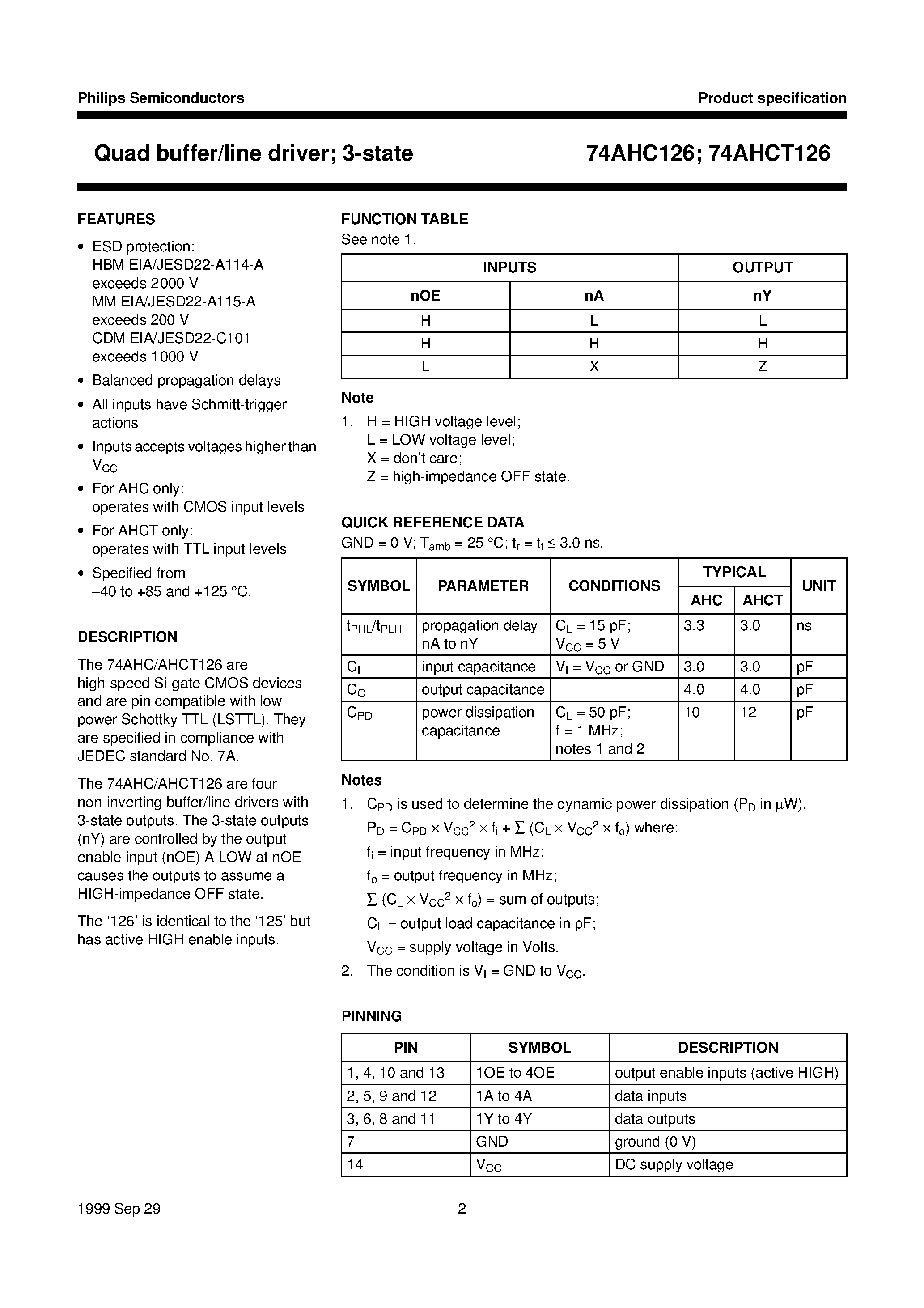 Datasheet 74AHCT126 - Quad buffer/line driver; 3-state page 2