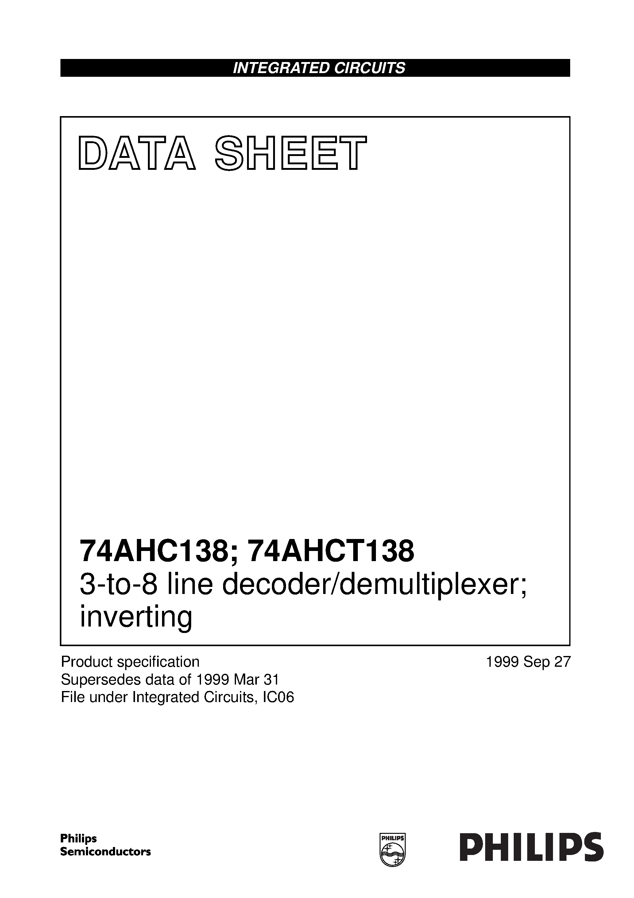 Datasheet 74AHCT138 - 3-to-8 line decoder/demultiplexer; inverting page 1