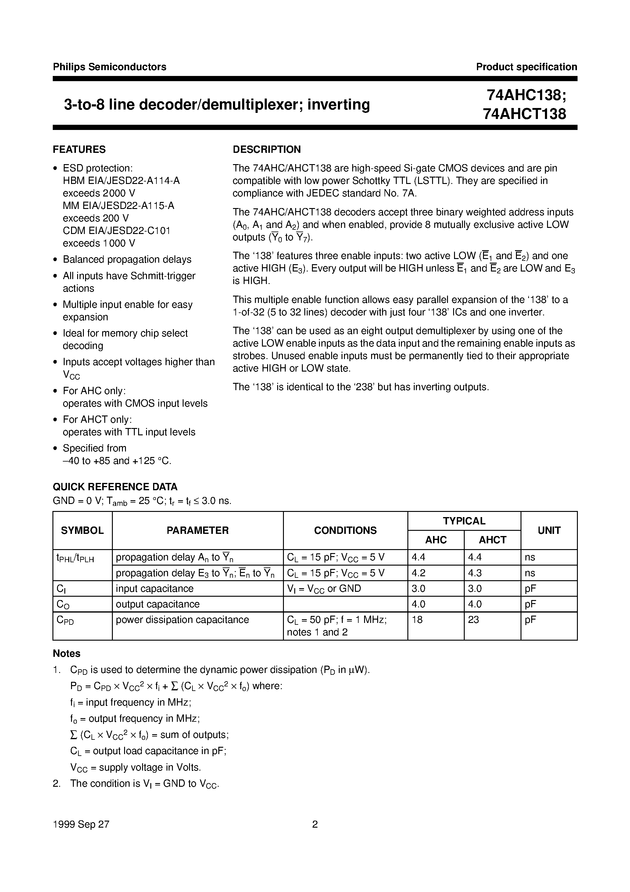 Datasheet 74AHCT138 - 3-to-8 line decoder/demultiplexer; inverting page 2