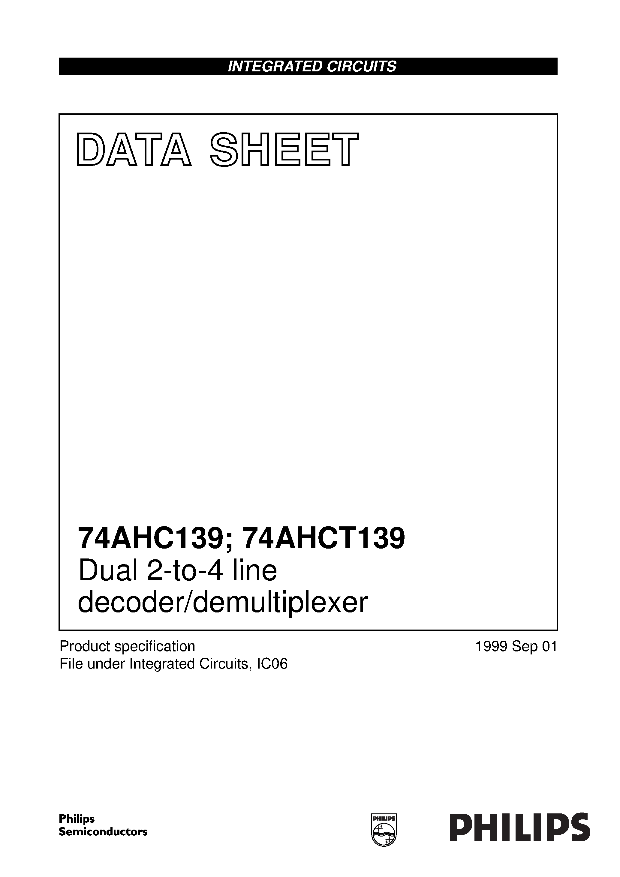 Datasheet 74AHCT139 - Dual 2-to-4 line decoder/demultiplexer page 1