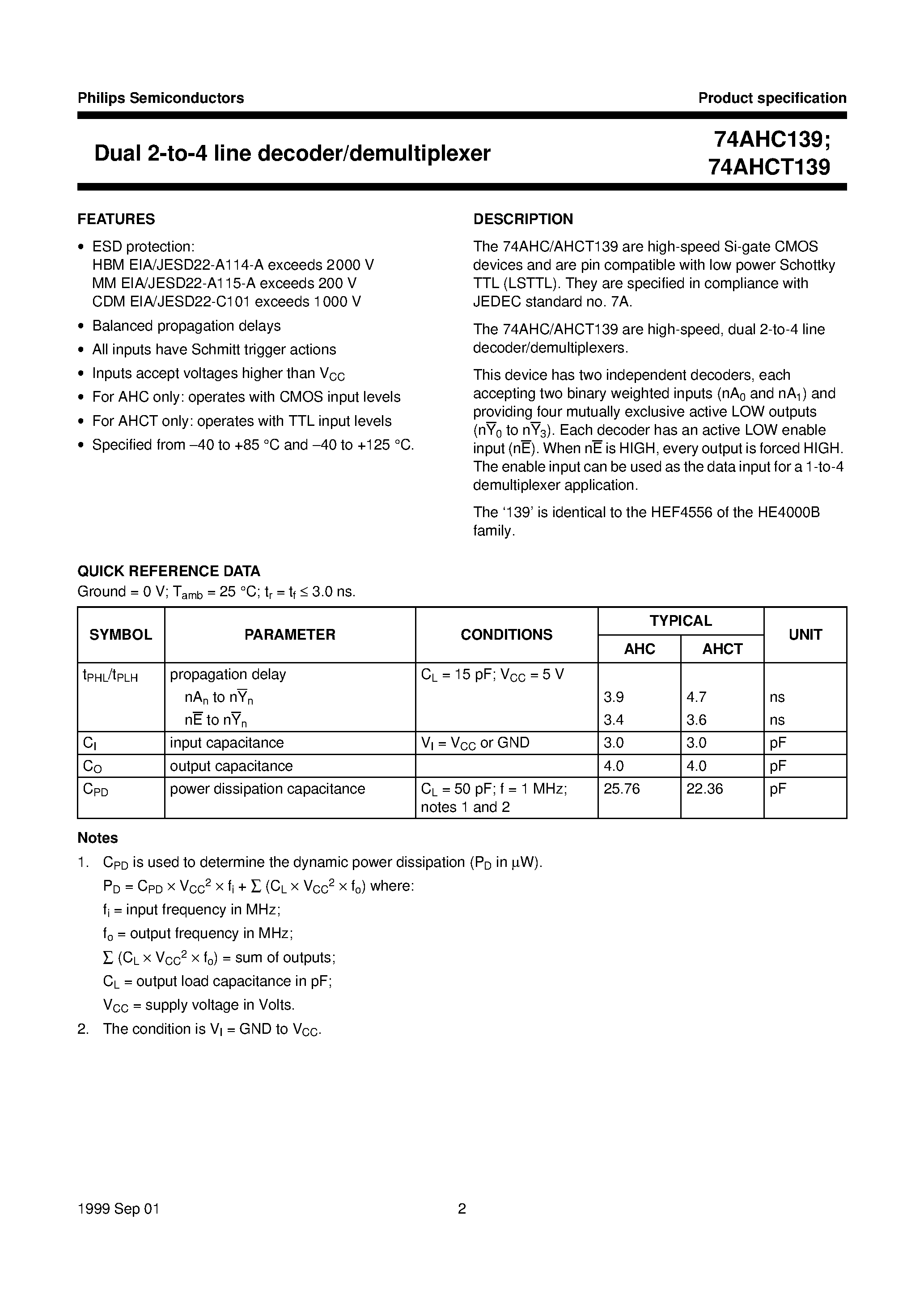 Datasheet 74AHCT139 - Dual 2-to-4 line decoder/demultiplexer page 2