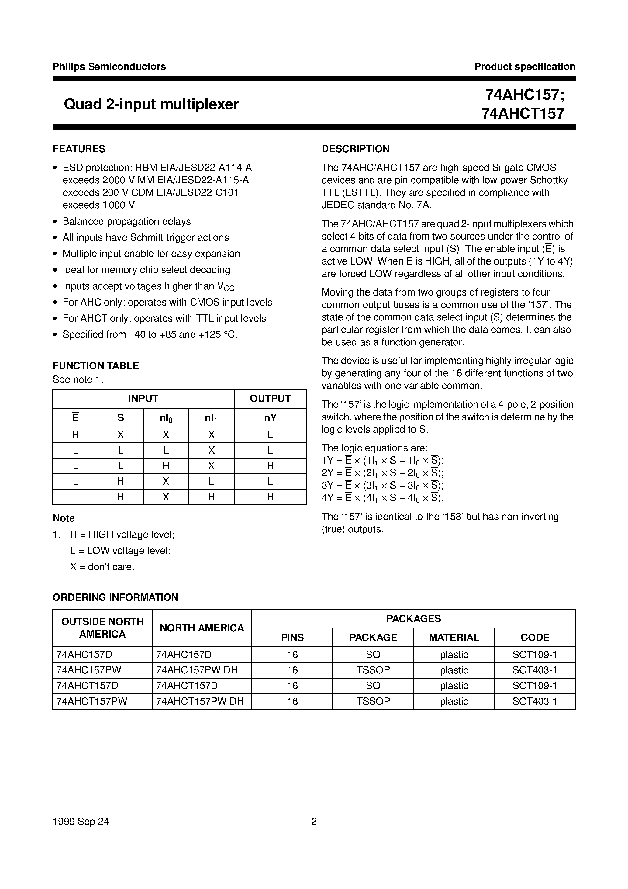 Datasheet 74AHCT157 - Quad 2-input multiplexer page 2