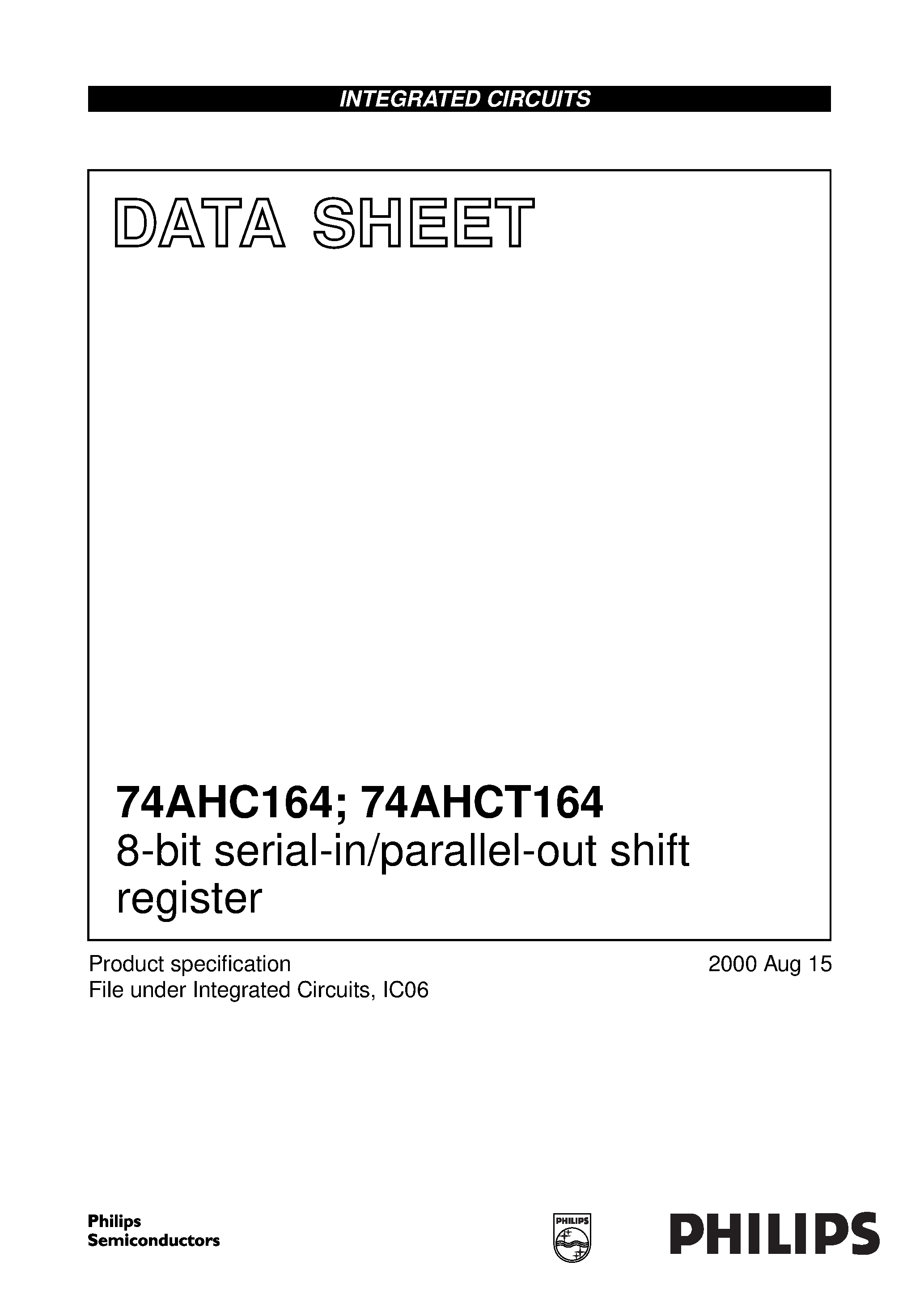 Datasheet 74AHCT164 - 8-bit serial-in/parallel-out shift register page 1