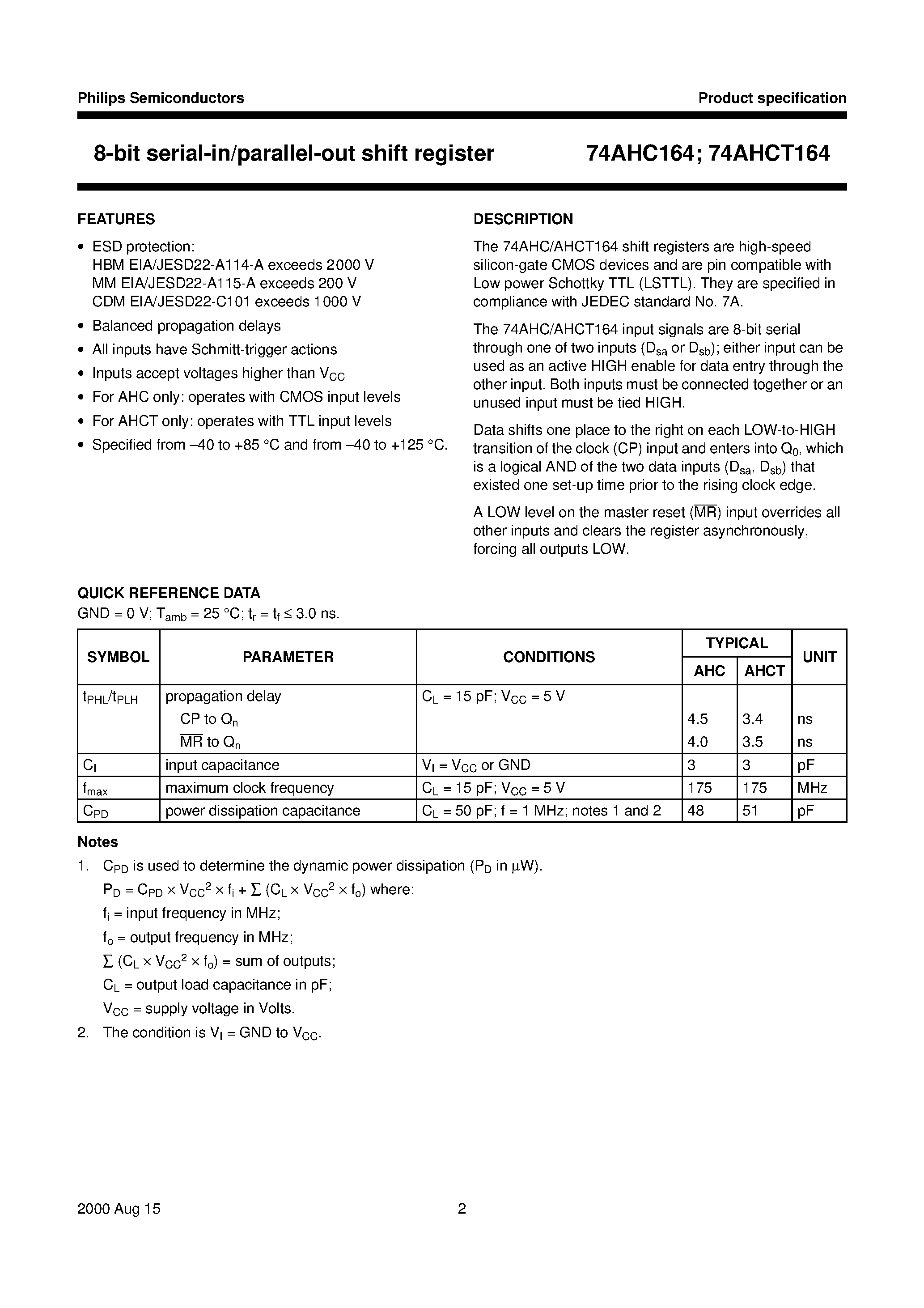 Datasheet 74AHCT164 - 8-bit serial-in/parallel-out shift register page 2