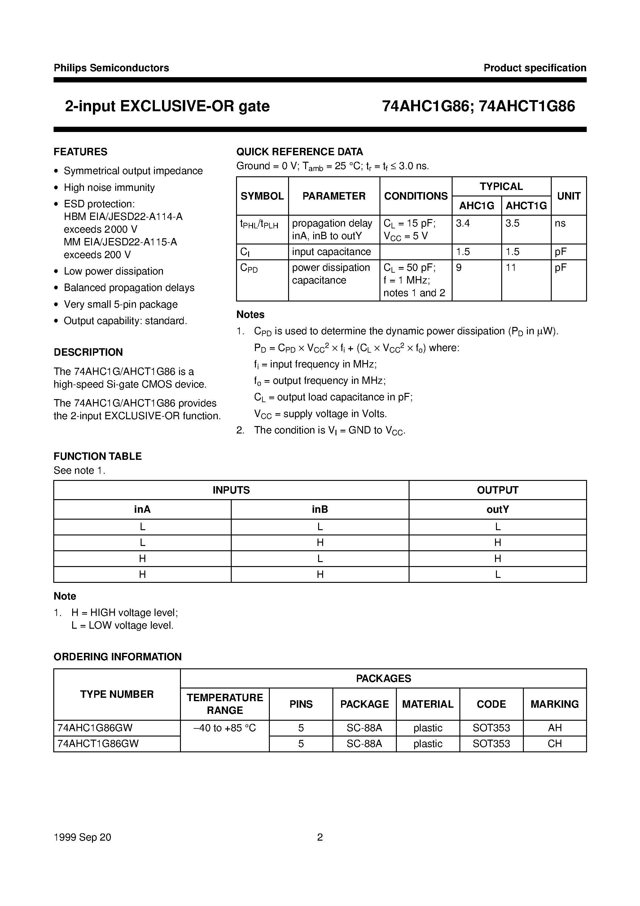 Даташит 74AHCT1G86 - 2-input EXCLUSIVE-OR gate страница 2