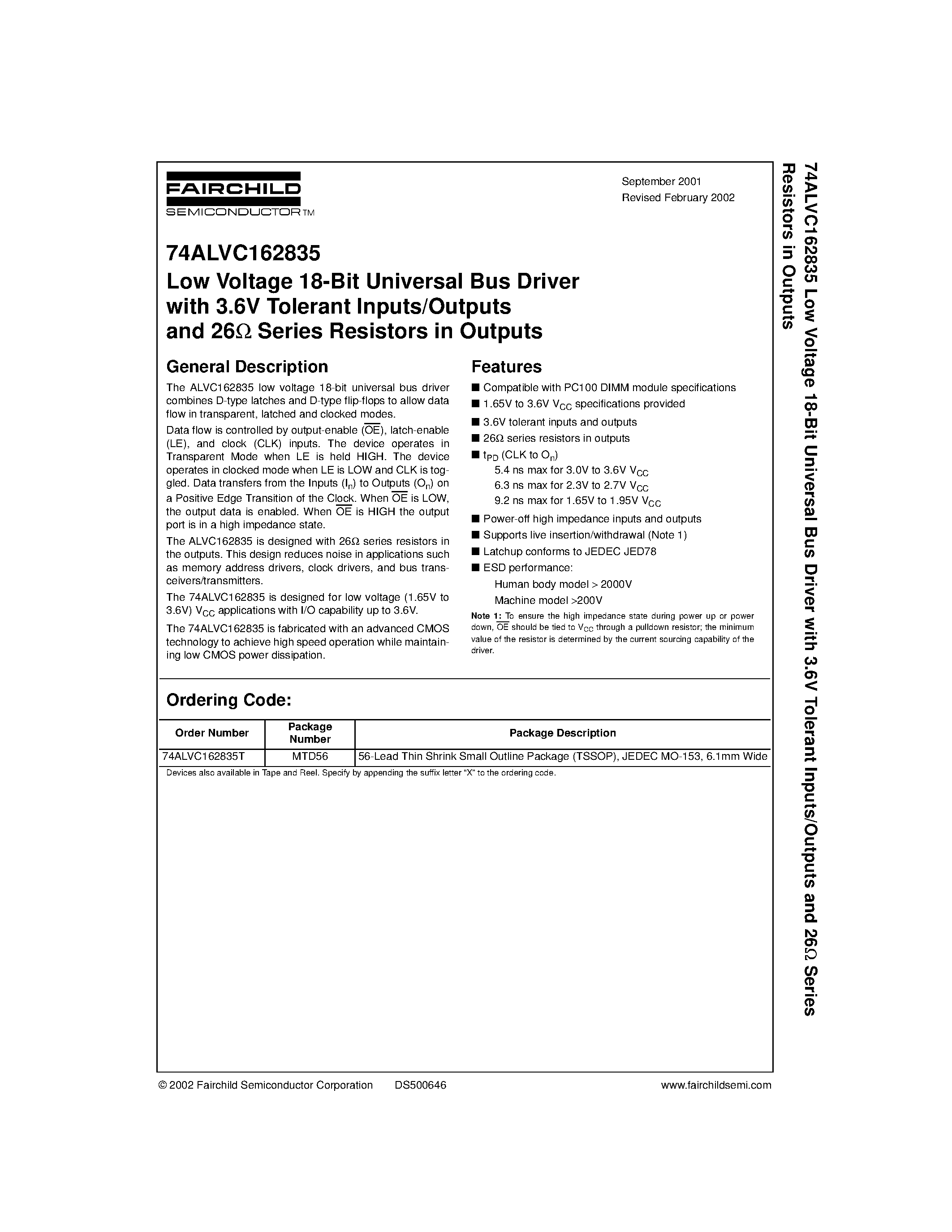 Datasheet 74ALVC162835 - Low Voltage 18-Bit Universal Bus Driver with 3.6V Tolerant Inputs/Outputs and 26 Series Resistors in Outputs page 1