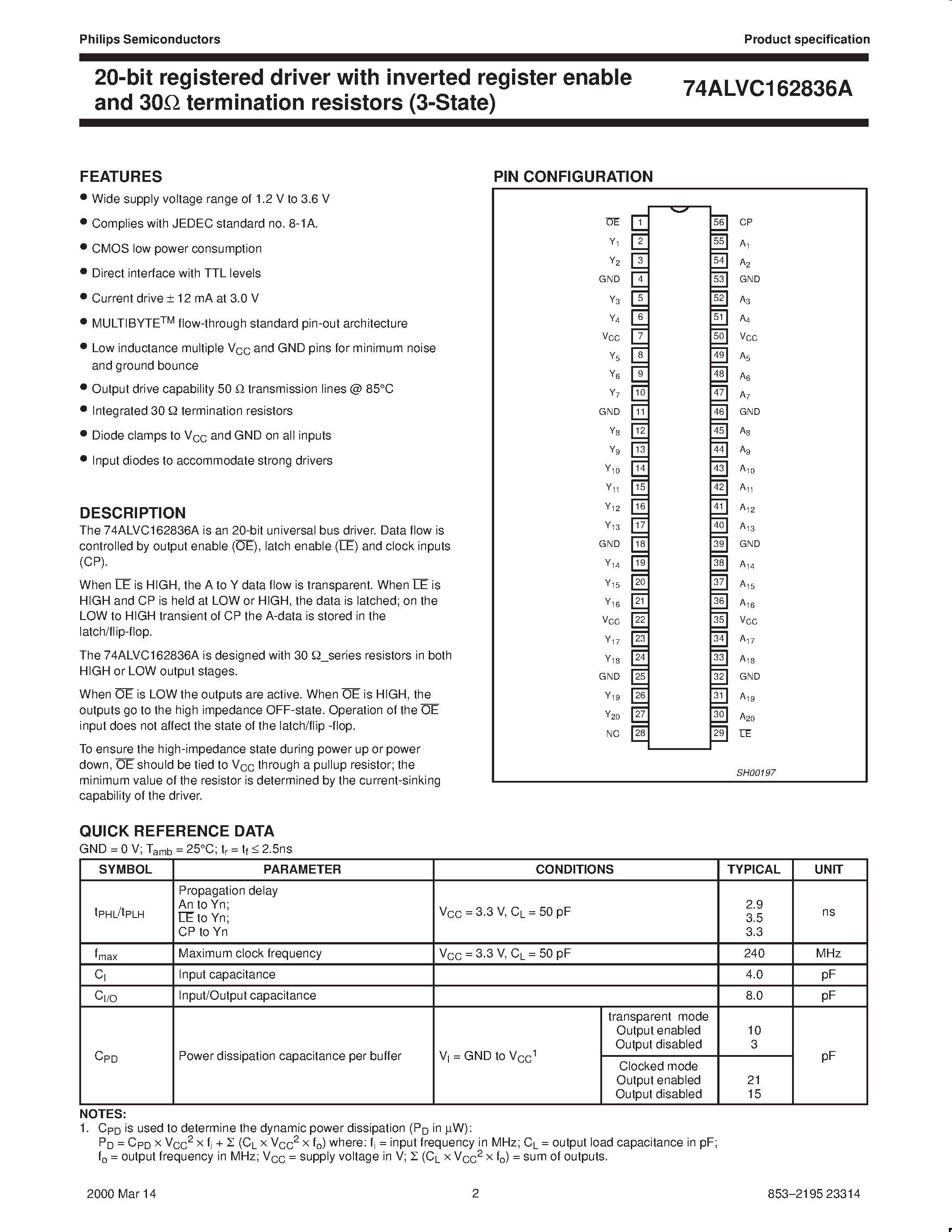 Datasheet 74ALVC162836ADGG - 20-bit registered driver with inverted register enable and 30ohm termination resistors 3-State page 2