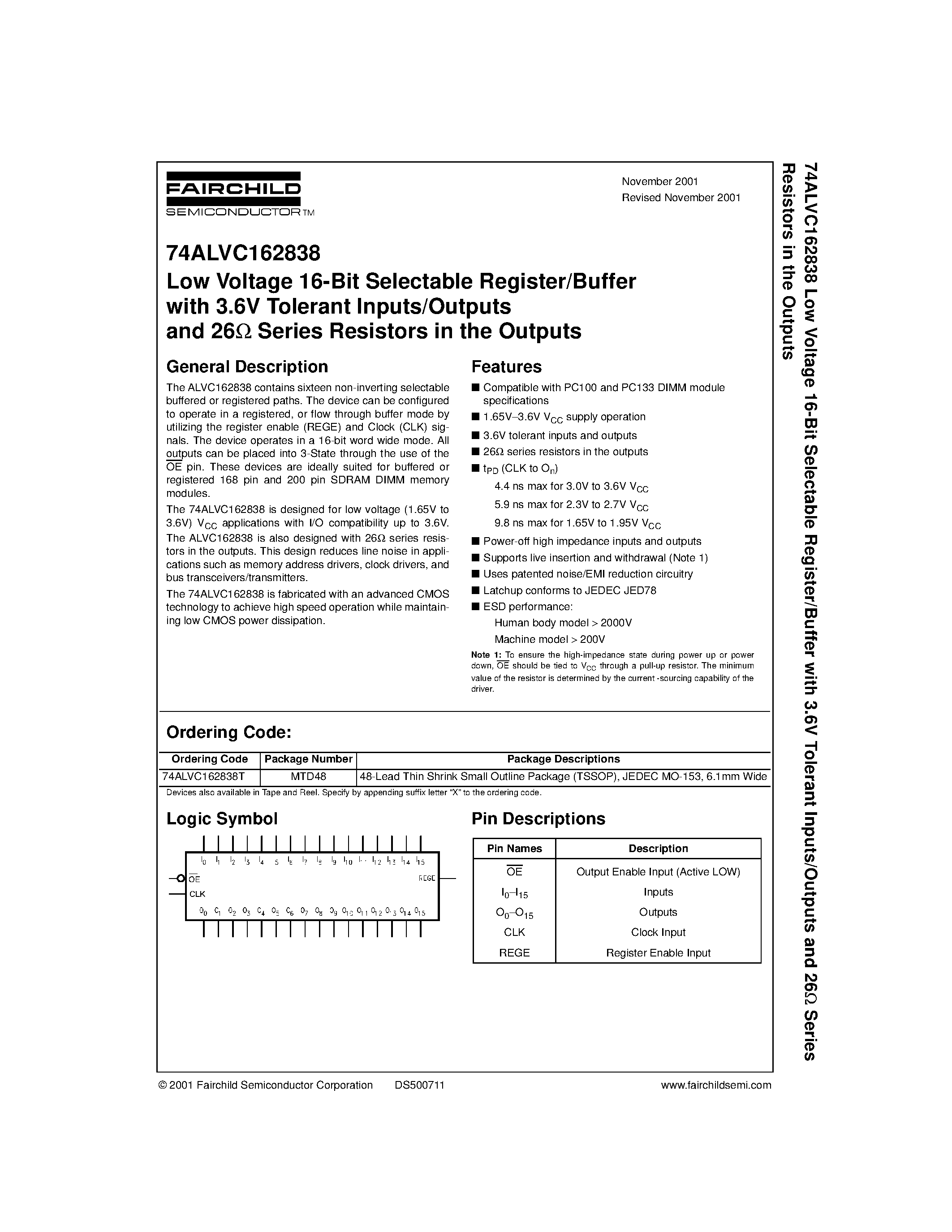 Datasheet 74ALVC162838 - Low Voltage 16-Bit Selectable Register/Buffer with 3.6V Tolerant Inputs/Outputs and 26 Series Resistors in the Outputs page 1