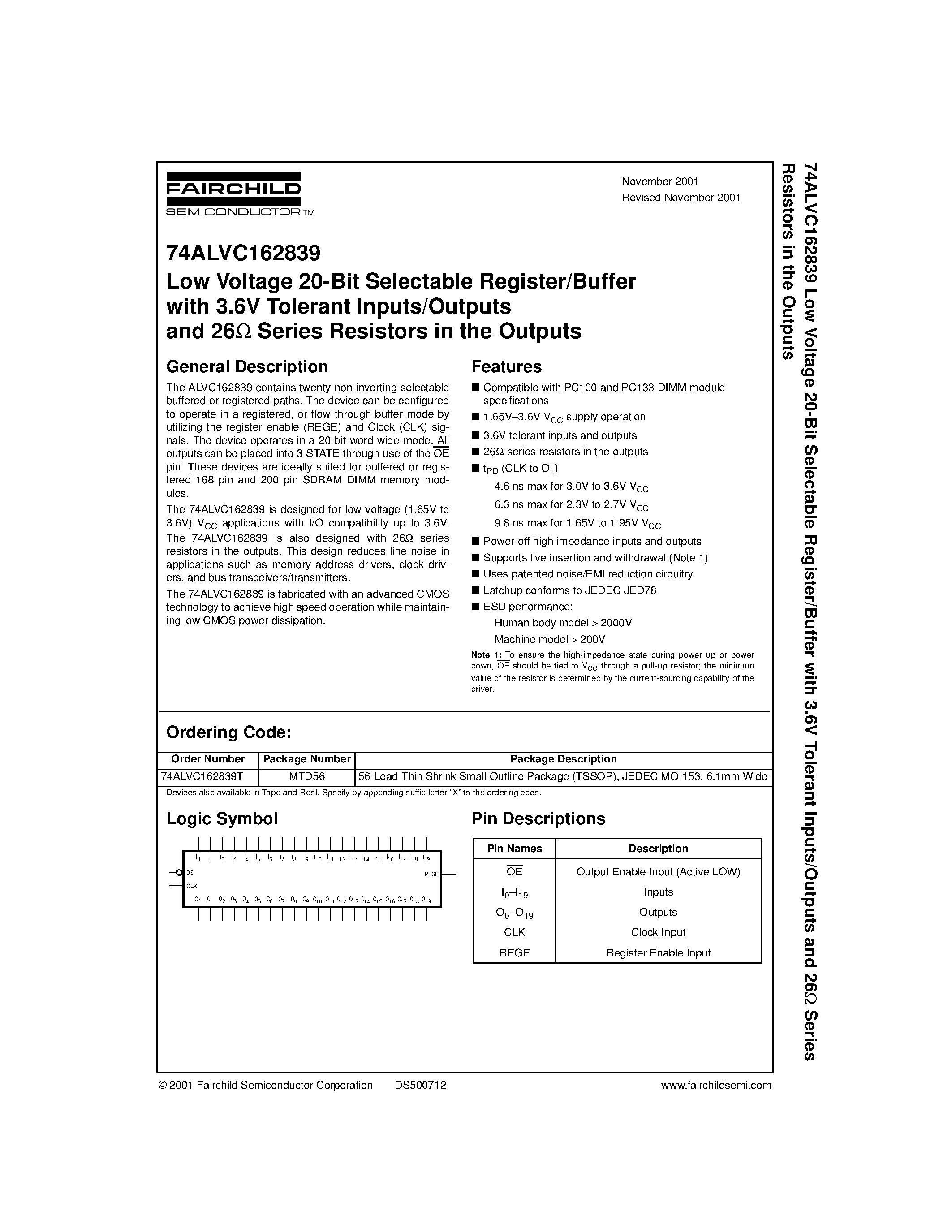 Datasheet 74ALVC162839T - Low Voltage 20-Bit Selectable Register/Buffer with 3.6V Tolerant Inputs/Outputs and 26 Series Resistors in the Outputs page 1