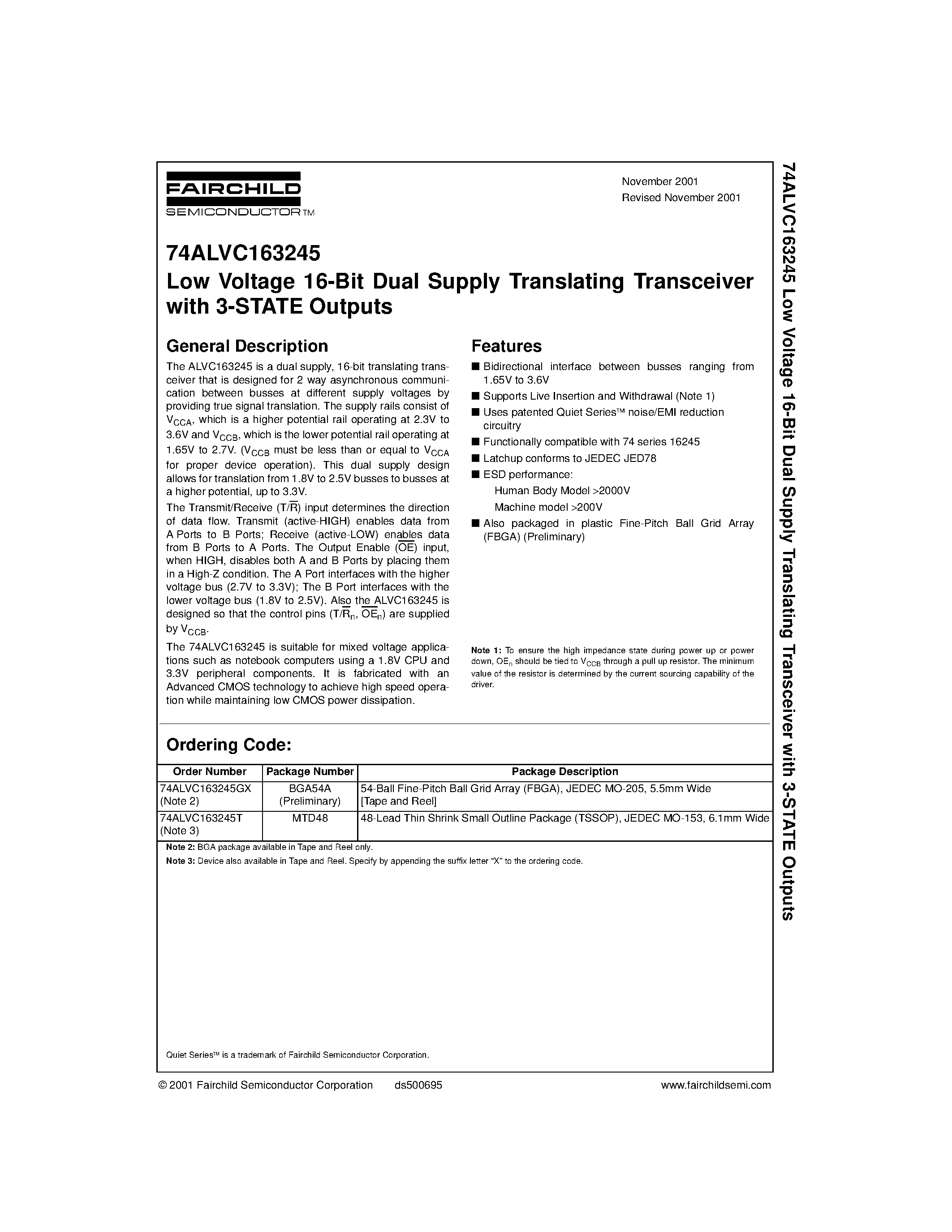 Datasheet 74ALVC163245 - Low Voltage 16-Bit Dual Supply Translating Transceiver with 3-STATE Outputs page 1