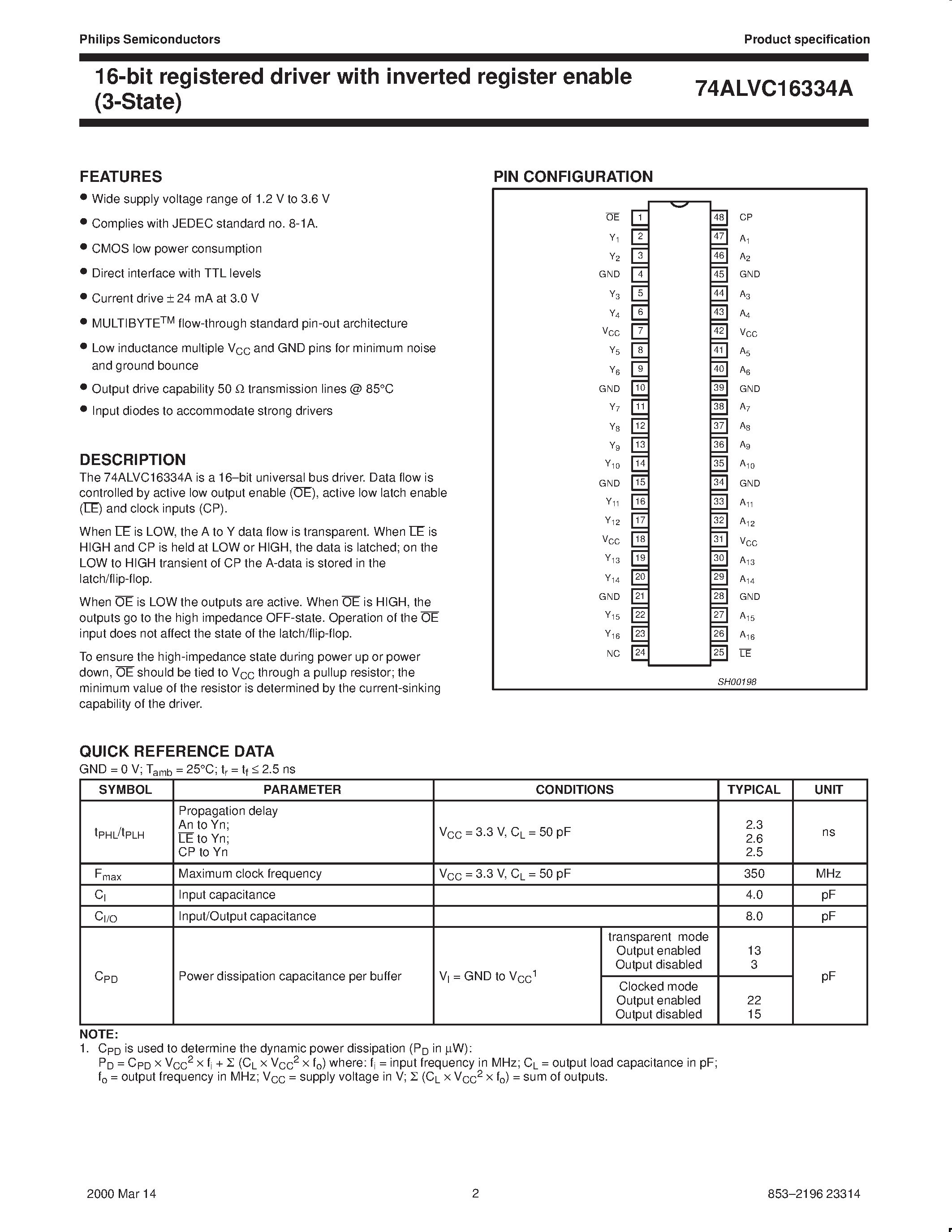 Datasheet 74ALVC16334ADGG - 16-bit registered driver with inverted register enable 3-State page 2