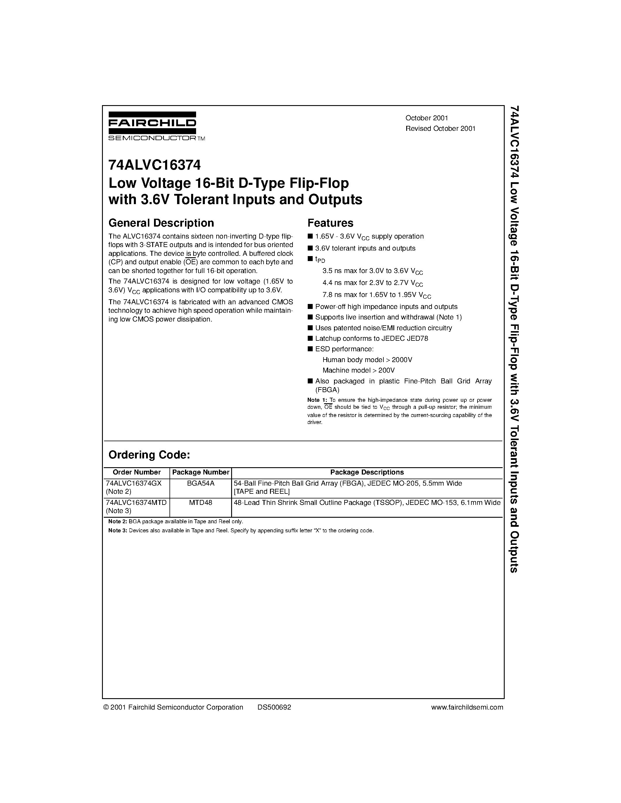 Даташит 74ALVC16374 - Low Voltage 16-Bit D-Type Flip-Flop with 3.6V Tolerant Inputs and Outputs страница 1