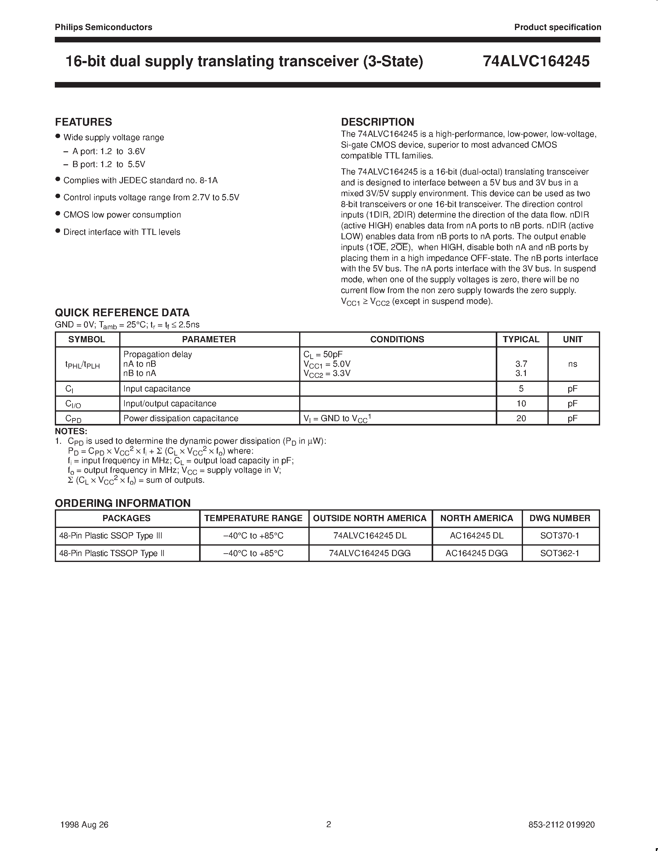 Даташит 74ALVC164245DL - 16-bit dual supply translating transceiver 3-State страница 2