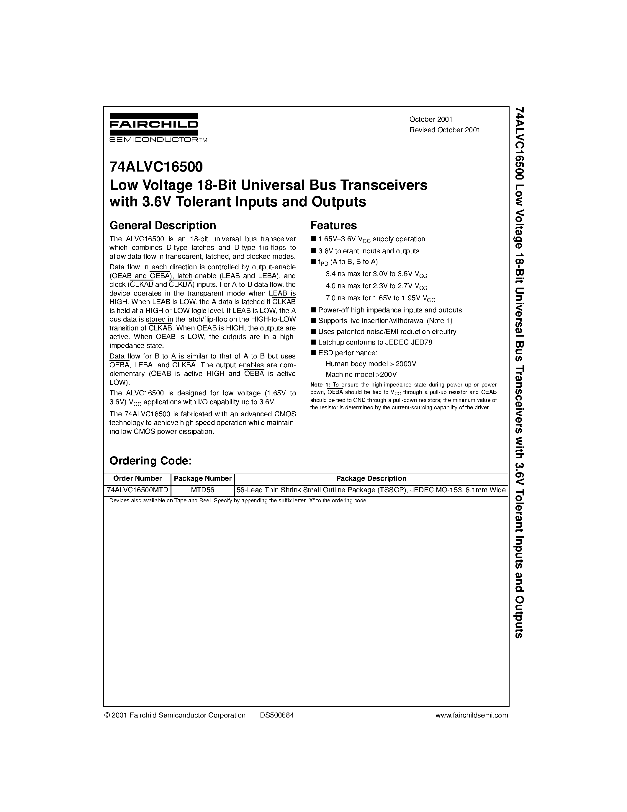 Datasheet 74ALVC16500 - Low Voltage 18-Bit Universal Bus Transceivers with 3.6V Tolerant Inputs and Outputs page 1