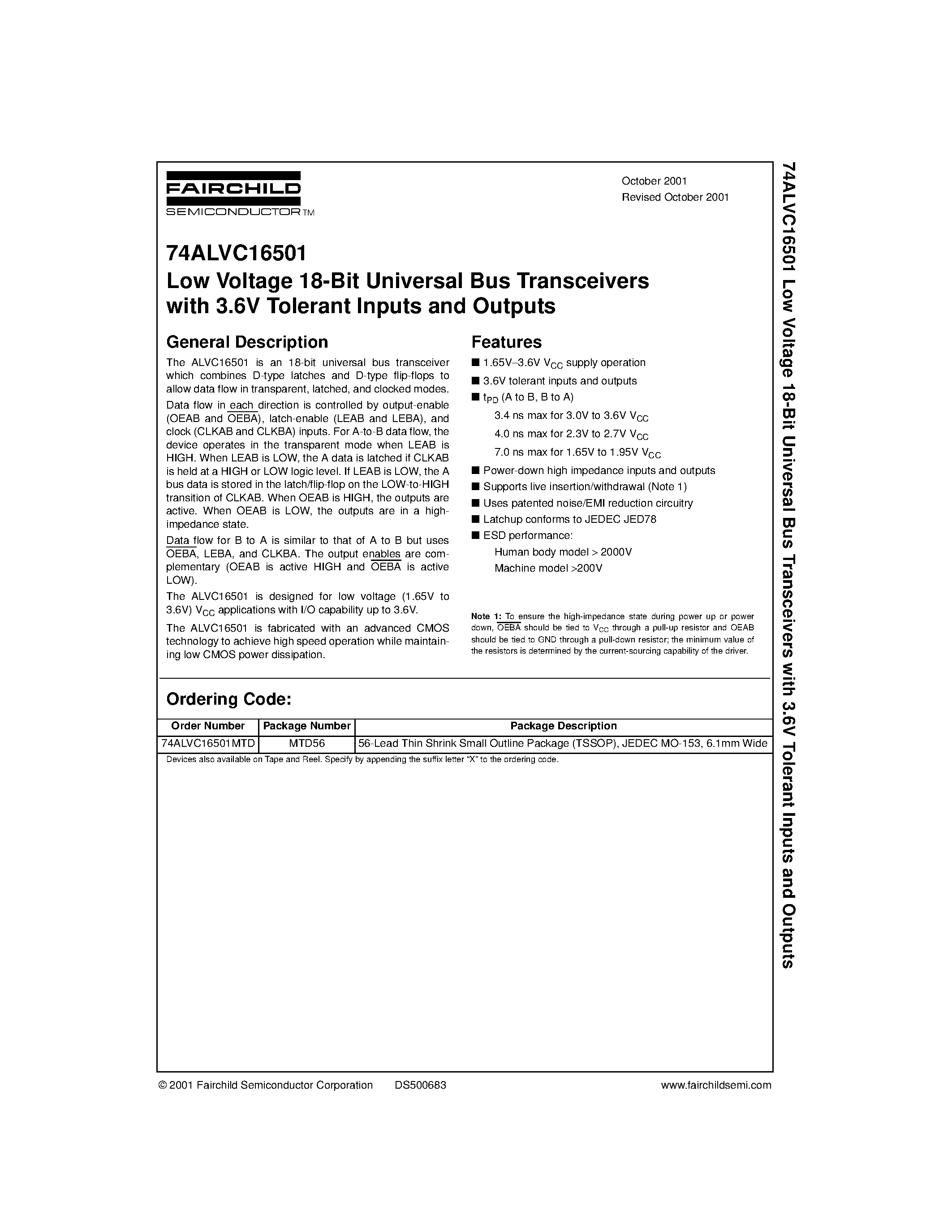 Даташит 74ALVC16501 - Low Voltage 18-Bit Universal Bus Transceivers with 3.6V Tolerant Inputs and Outputs страница 1