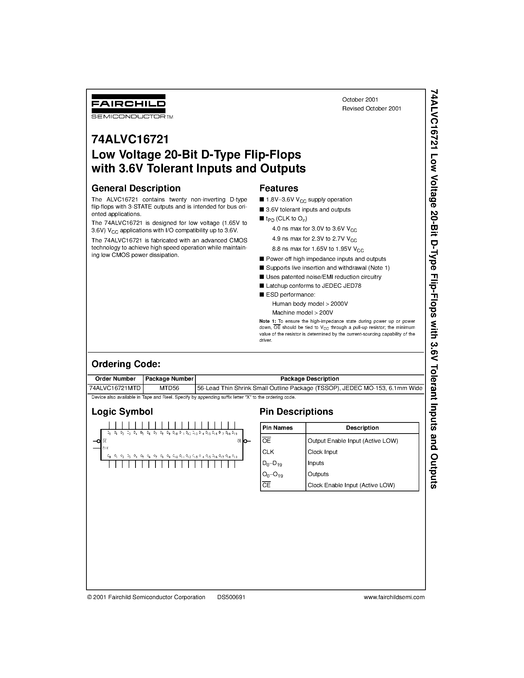 Даташит 74ALVC16721 - Low Voltage 20-Bit D-Type Flip-Flops with 3.6V Tolerant Inputs and Outputs страница 1