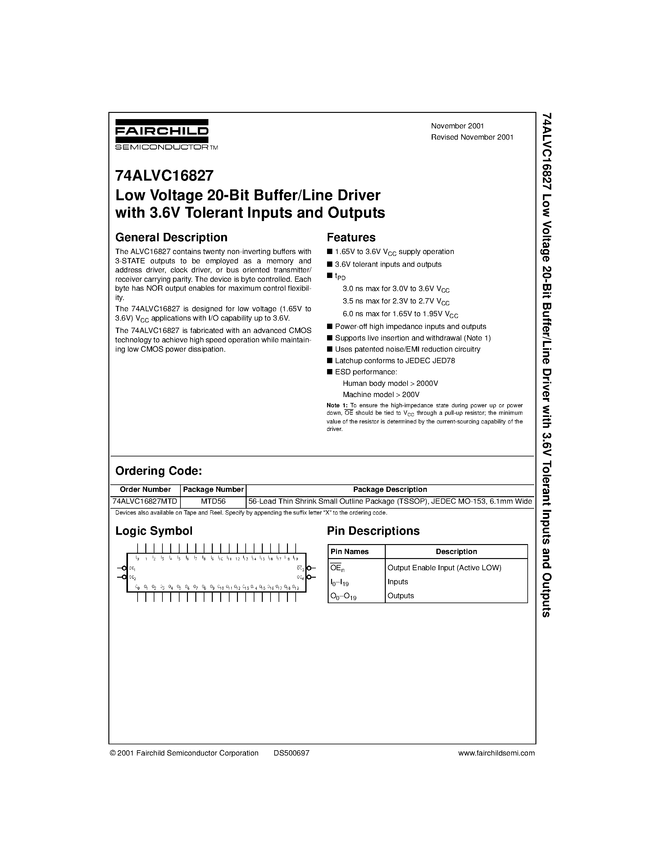 Даташит 74ALVC16827 - Low Voltage 20-Bit Buffer/Line Driver with 3.6V Tolerant Inputs and Outputs страница 1