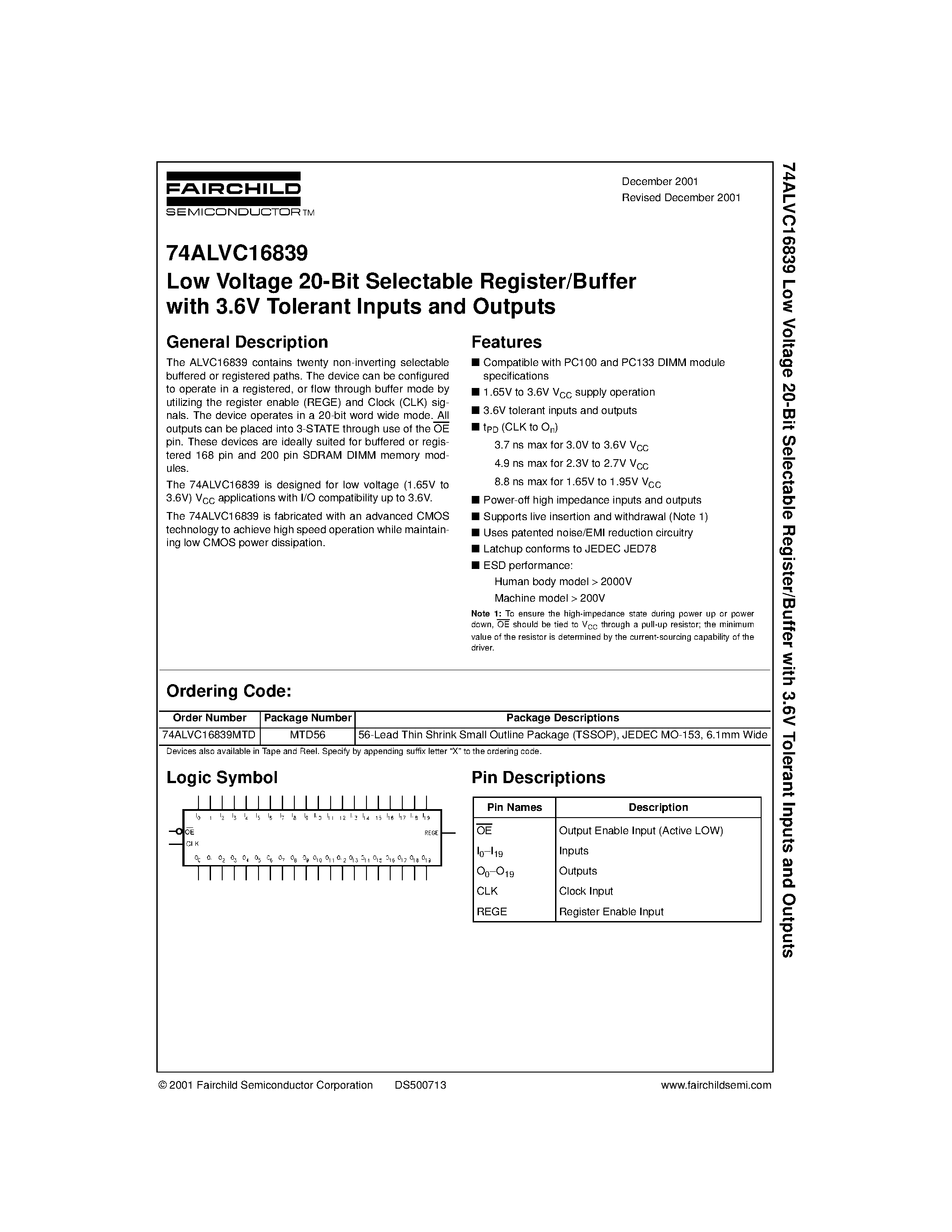 Даташит 74ALVC16839 - Low Voltage 20-Bit Selectable Register/Buffer with 3.6V Tolerant Inputs and Outputs страница 1